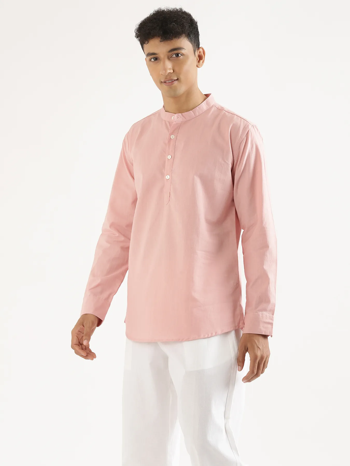 Men Salmon Pink Airy Linen Short Kurta - Image 7
