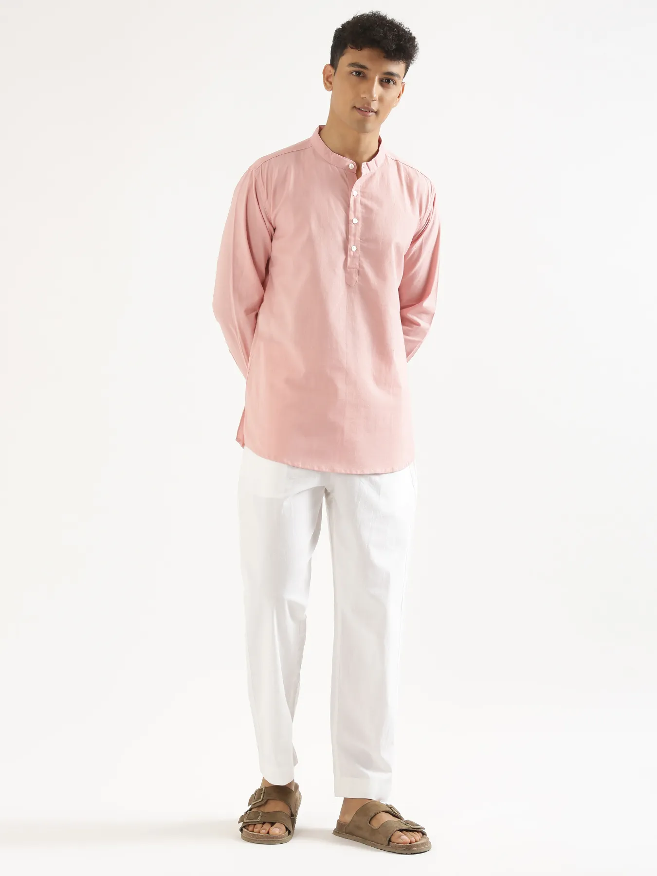 Men Salmon Pink Airy Linen Short Kurta - Image 9