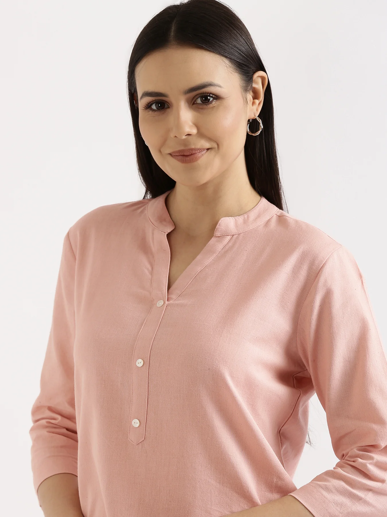 Women Salmon Pink Airy Linen Long Kurta & Wine Cotton Pant Set - Image 11