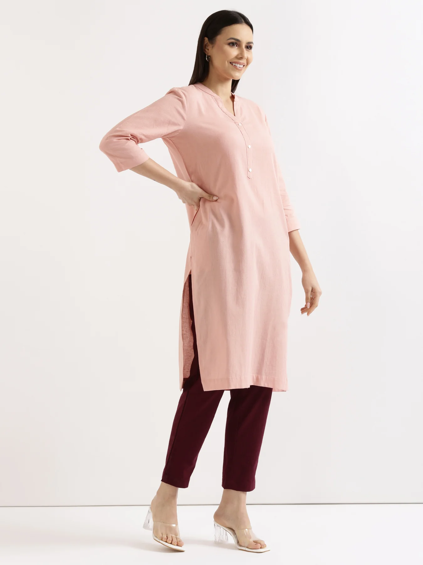 Women Salmon Pink Airy Linen Long Kurta & Wine Cotton Pant Set - Image 4