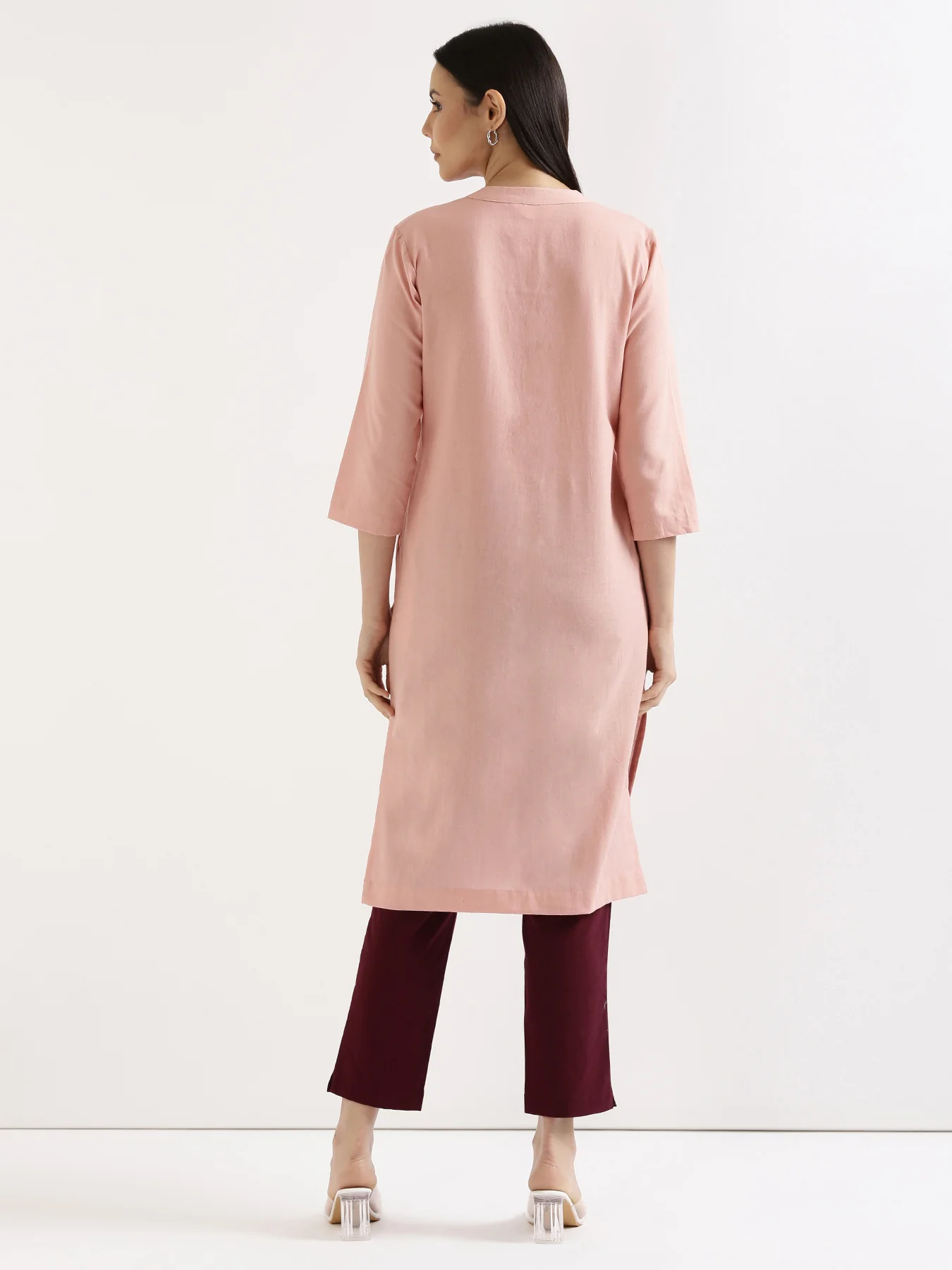 Women Salmon Pink Airy Linen Long Kurta & Wine Cotton Pant Set - Image 5