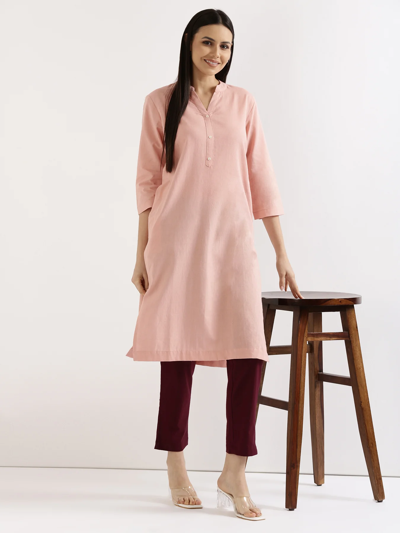 Women Salmon Pink Airy Linen Long Kurta & Wine Cotton Pant Set - Image 6
