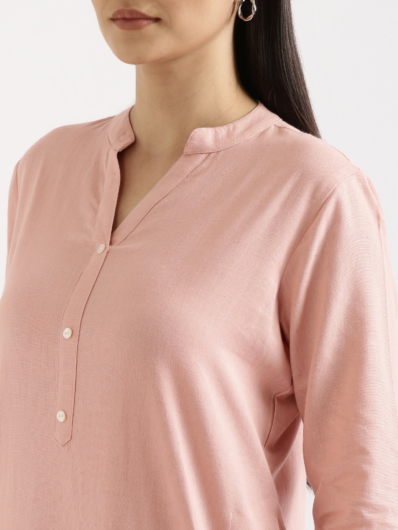 Women Salmon Pink Airy Linen Long Kurta & Wine Cotton Pant Set - Image 7