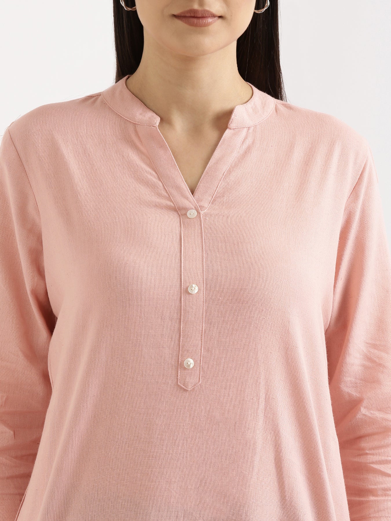 Women Salmon Pink Airy Linen Long Kurta & Wine Cotton Pant Set - Image 8