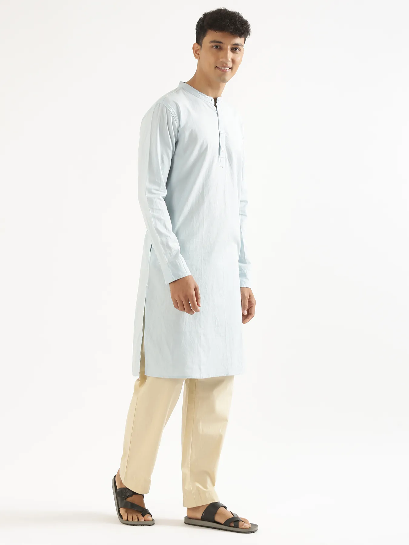 Men Sky Blue Airy Linen Long Kurta - Image 3