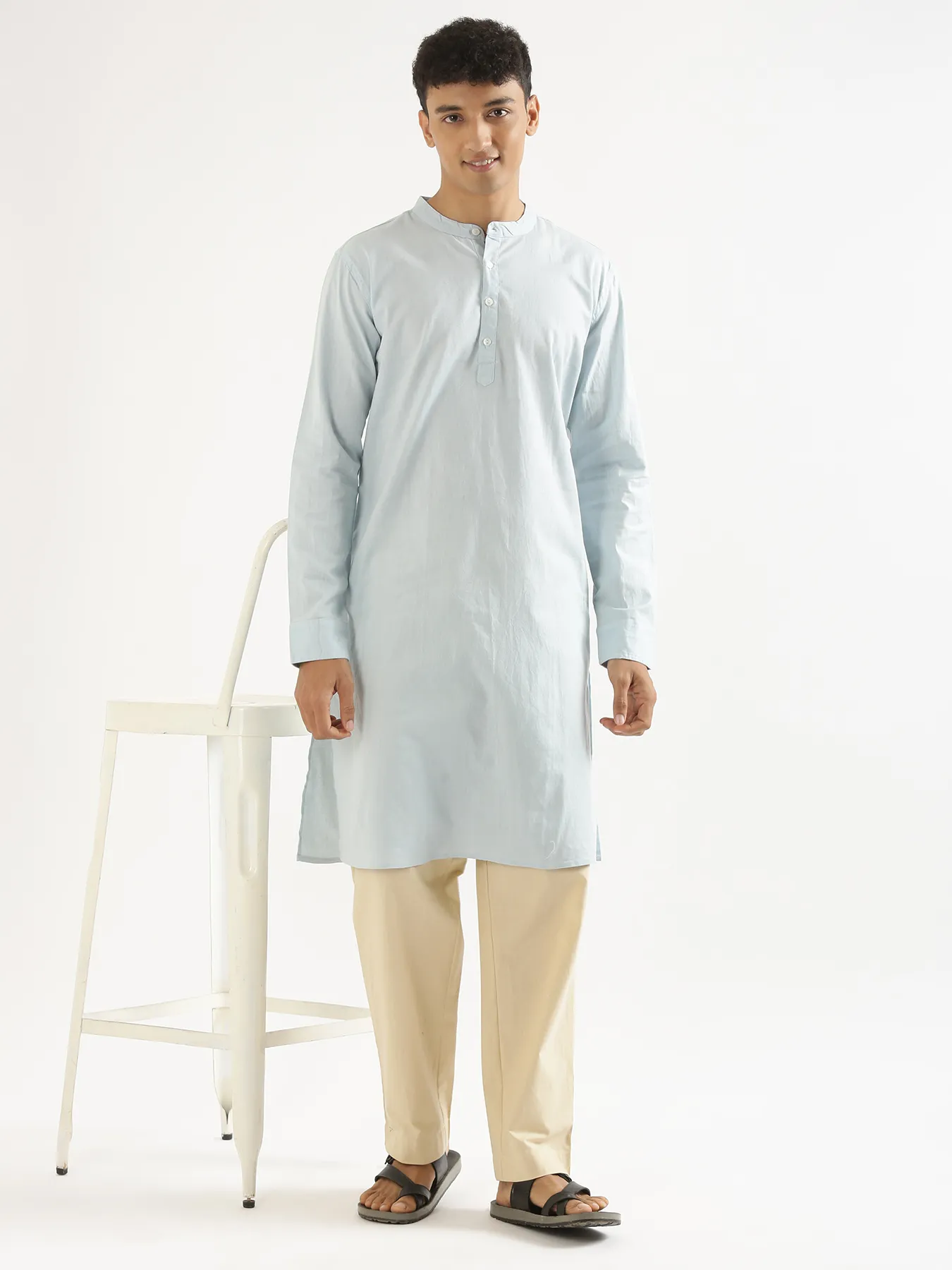 Men Sky Blue Airy Linen Long Kurta - Image 9