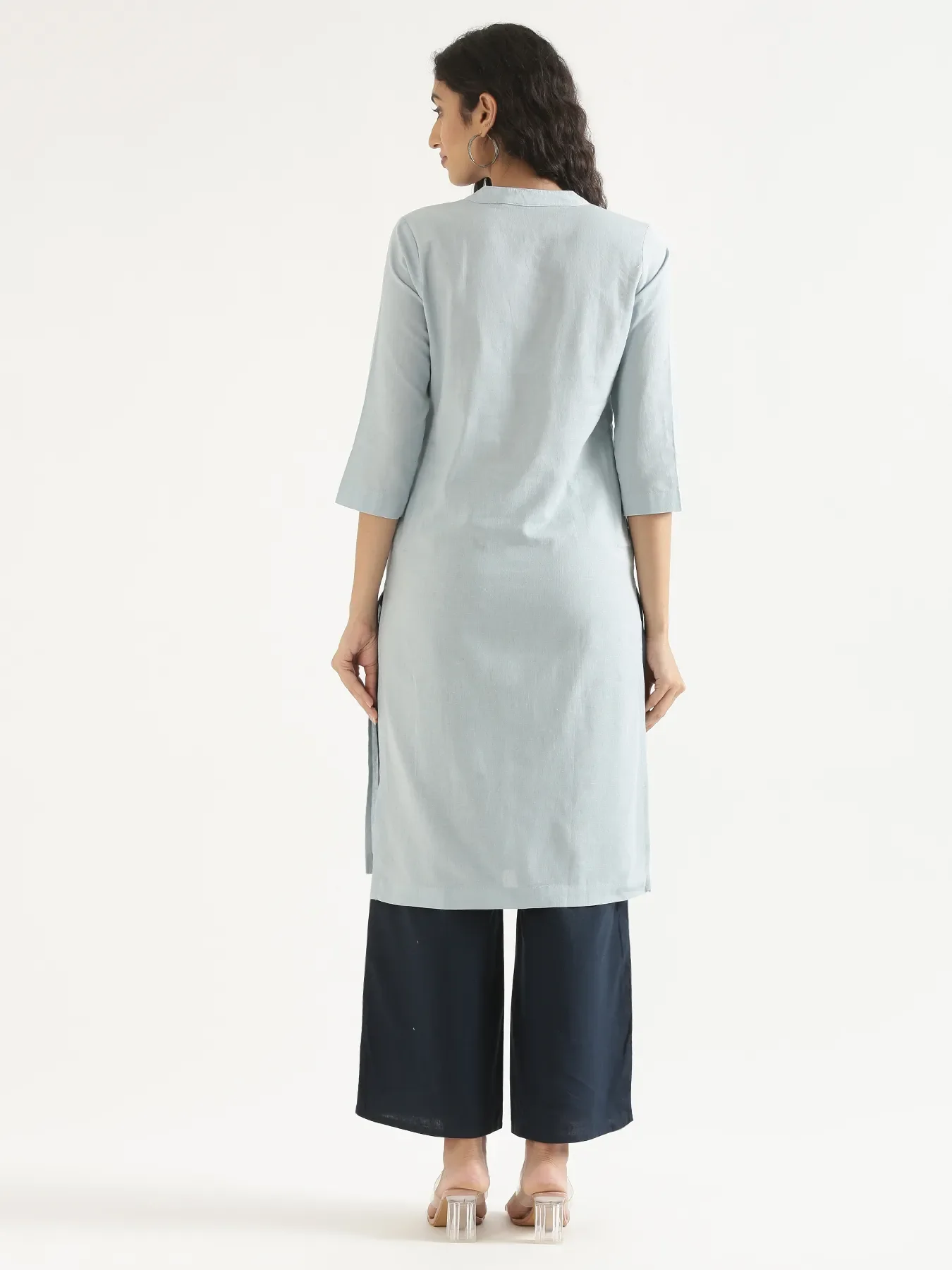 Women Sky Blue Airy Linen Long Kurta - Image 10