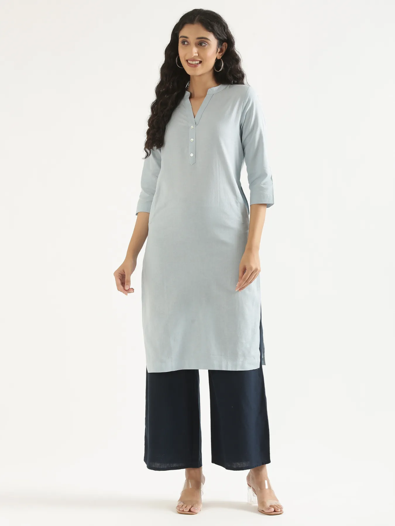 Women Sky Blue Airy Linen Long Kurta - Image 11