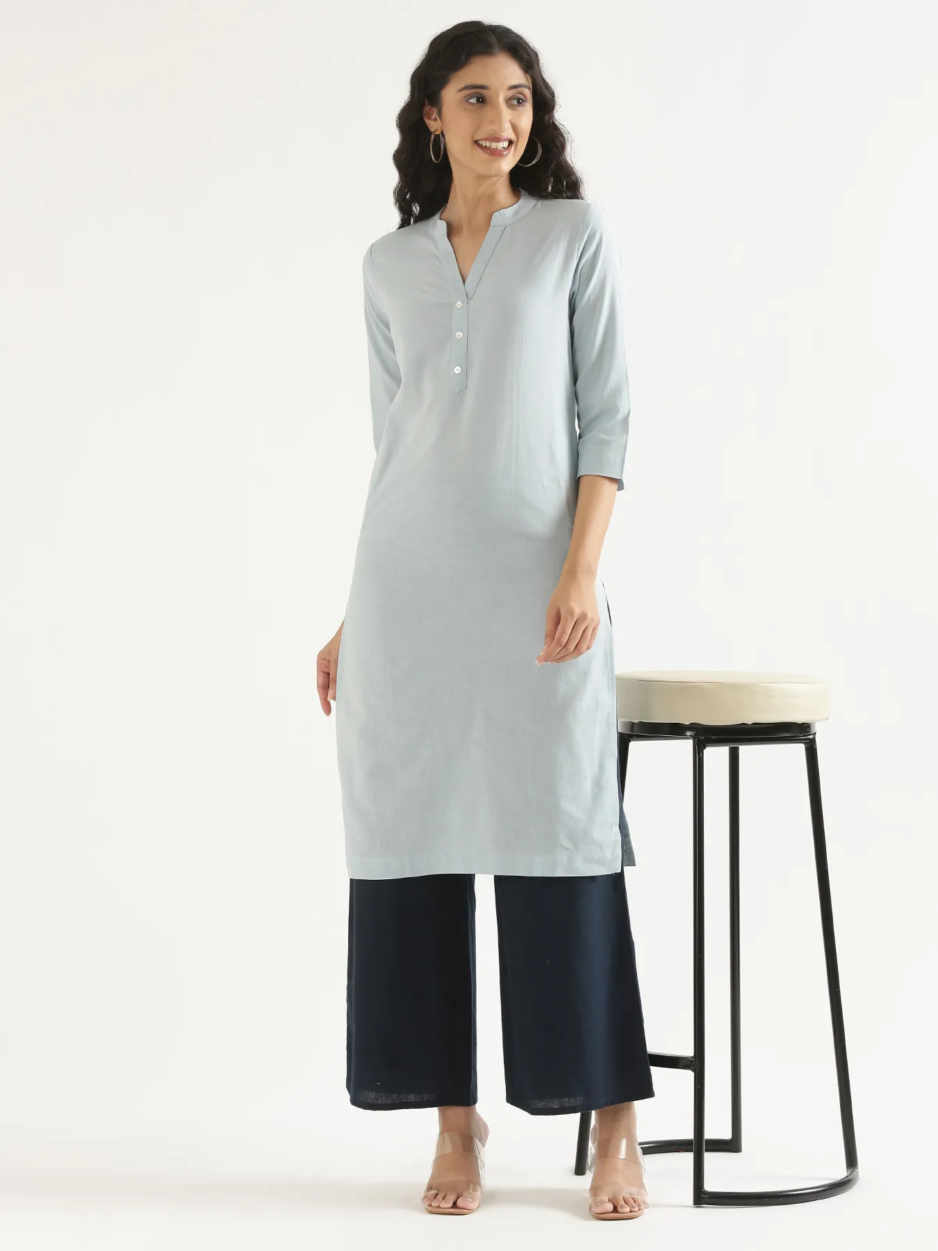 Women Sky Blue Airy Linen Long Kurta - Image 12