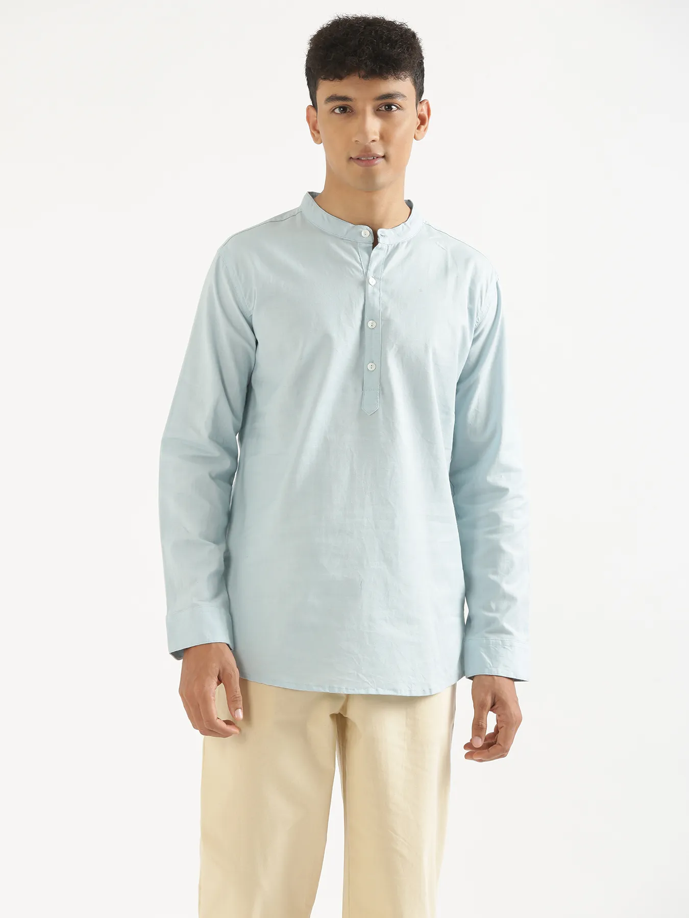 Men Sky Blue Airy Linen Short Kurta - Image 2
