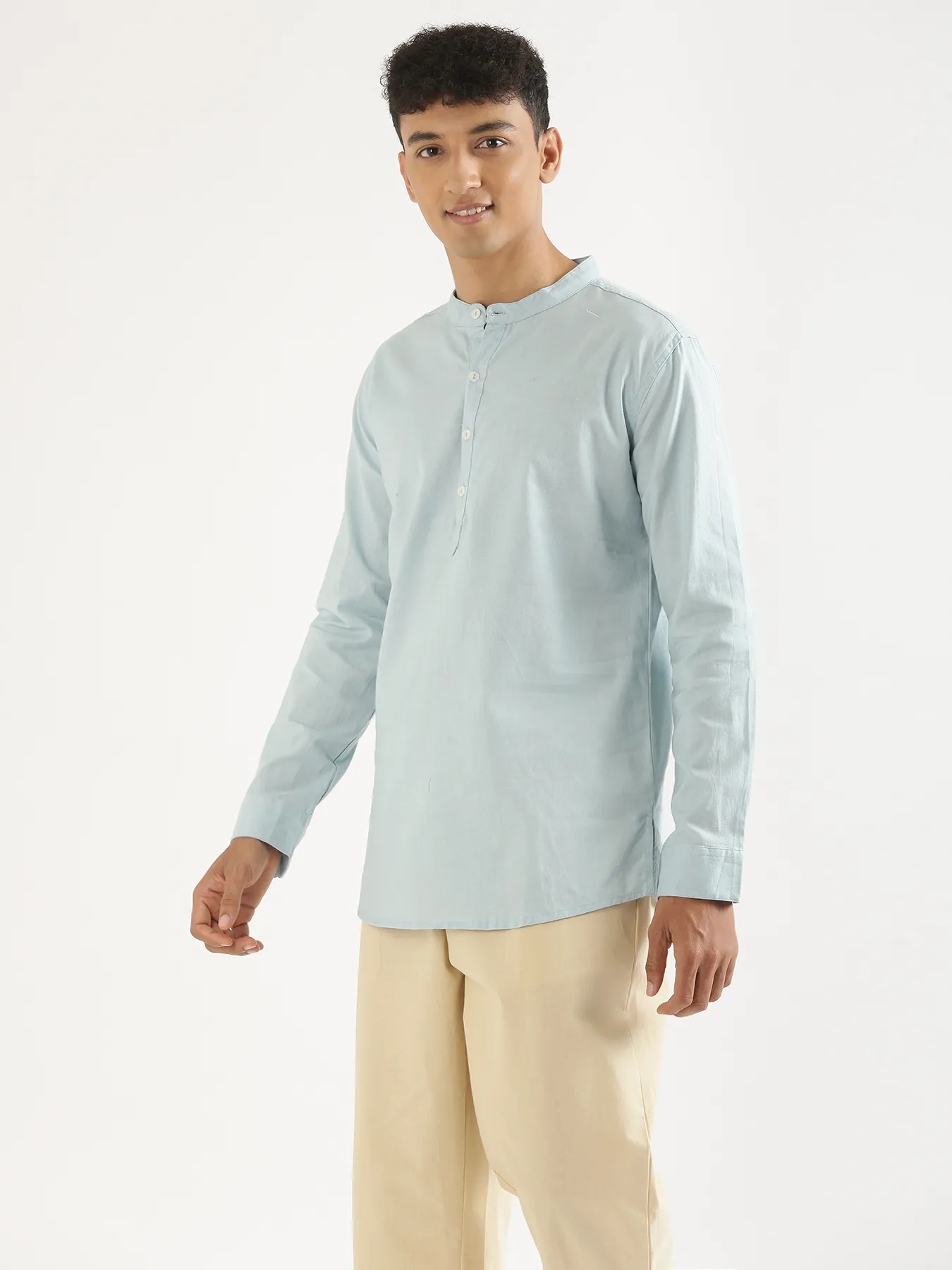 Men Sky Blue Airy Linen Short Kurta - Image 3