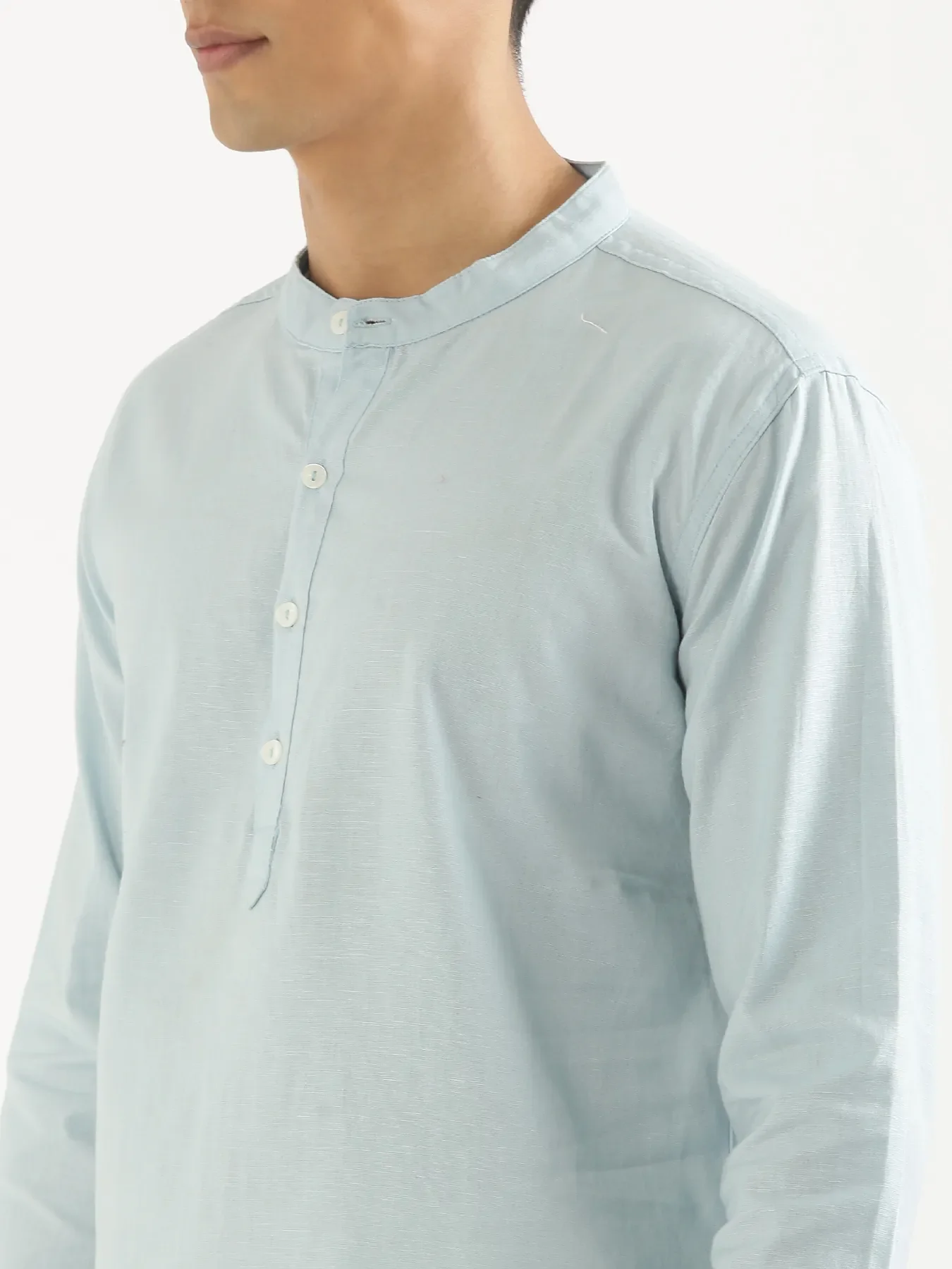 Men Sky Blue Airy Linen Short Kurta - Image 5