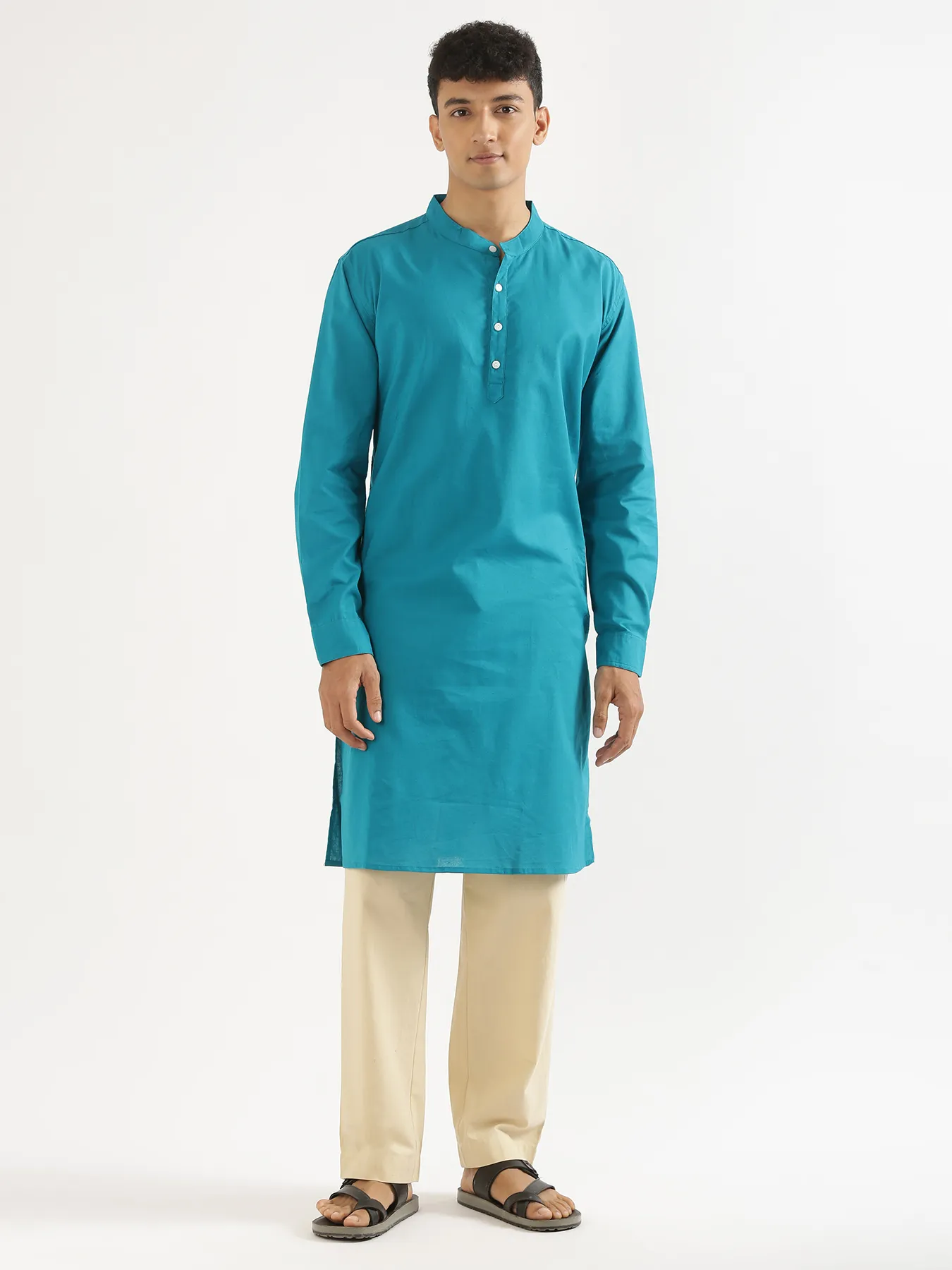 Men Teal Airy Linen Long Kurta - Image 2