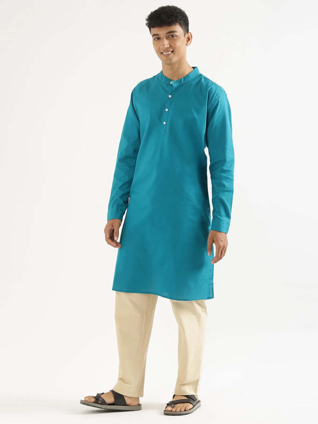 Men Teal Airy Linen Long Kurta - Image 3