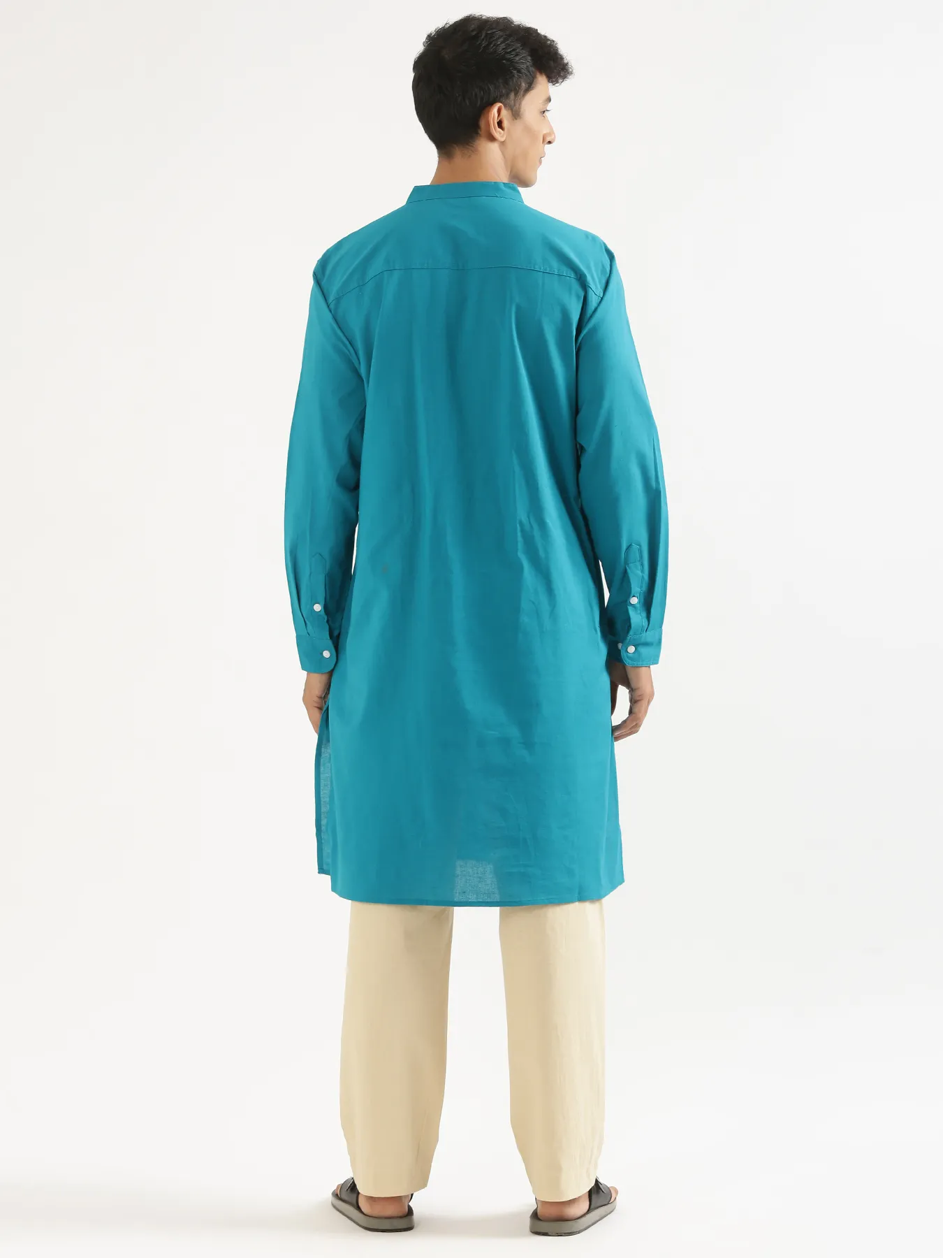 Men Teal Airy Linen Long Kurta - Image 7
