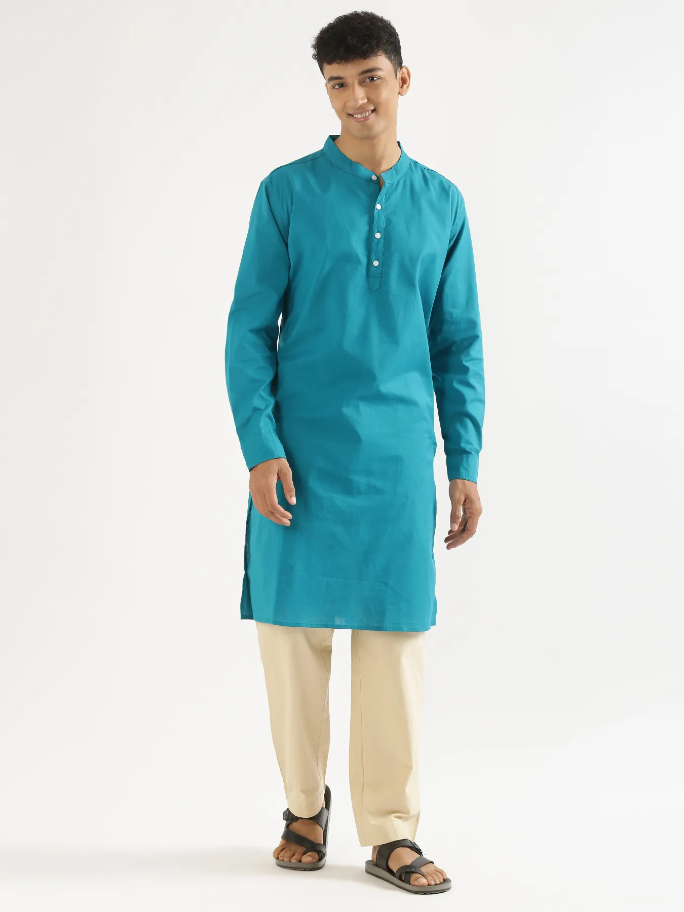 Men Teal Airy Linen Long Kurta - Image 8