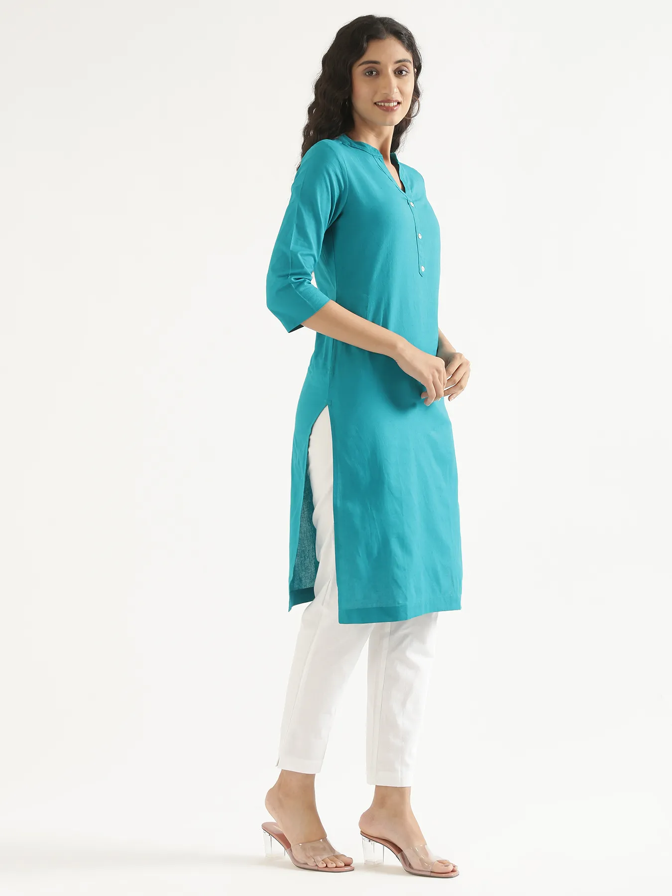 Women Teal Airy Linen Long Kurta & White Cotton Pant Set - Image 3