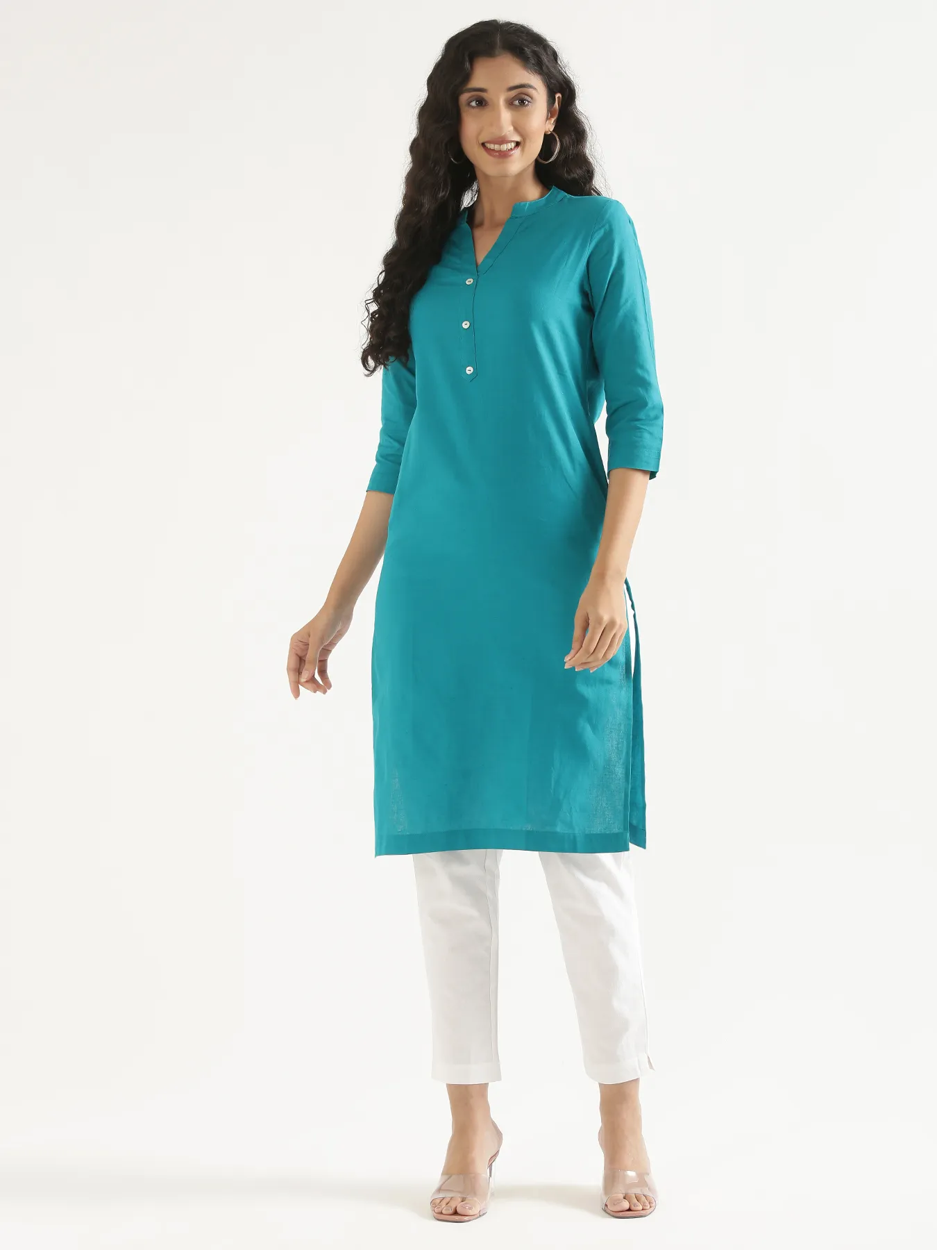 Women Teal Airy Linen Long Kurta & White Cotton Pant Set - Image 4