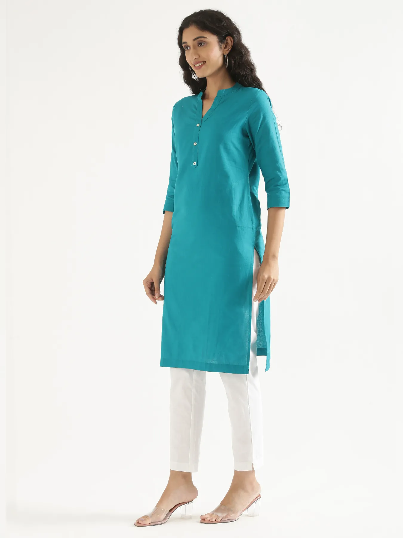 Women Teal Airy Linen Long Kurta & White Cotton Pant Set - Image 5