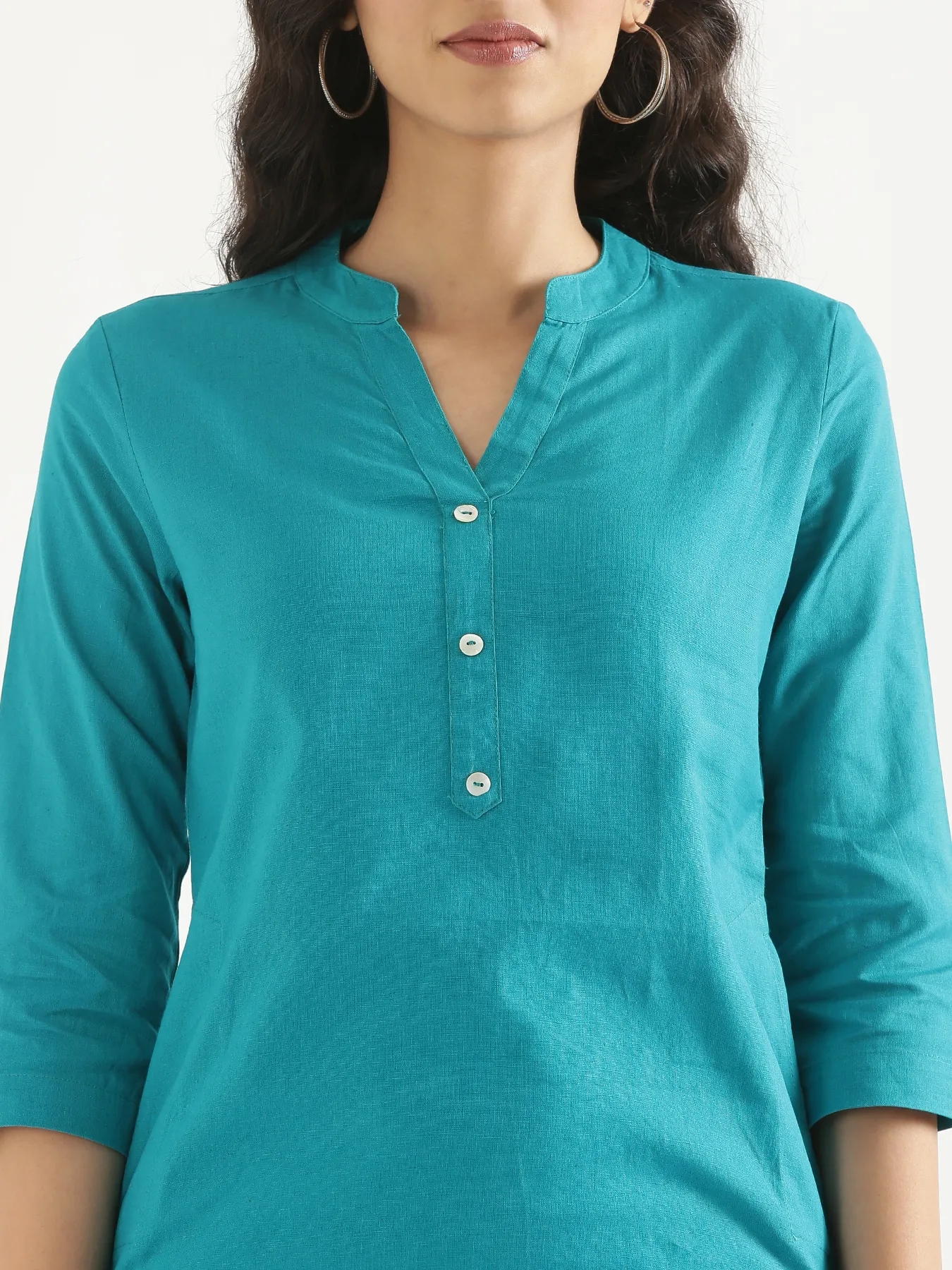 Women Teal Airy Linen Long Kurta & White Cotton Pant Set - Image 7