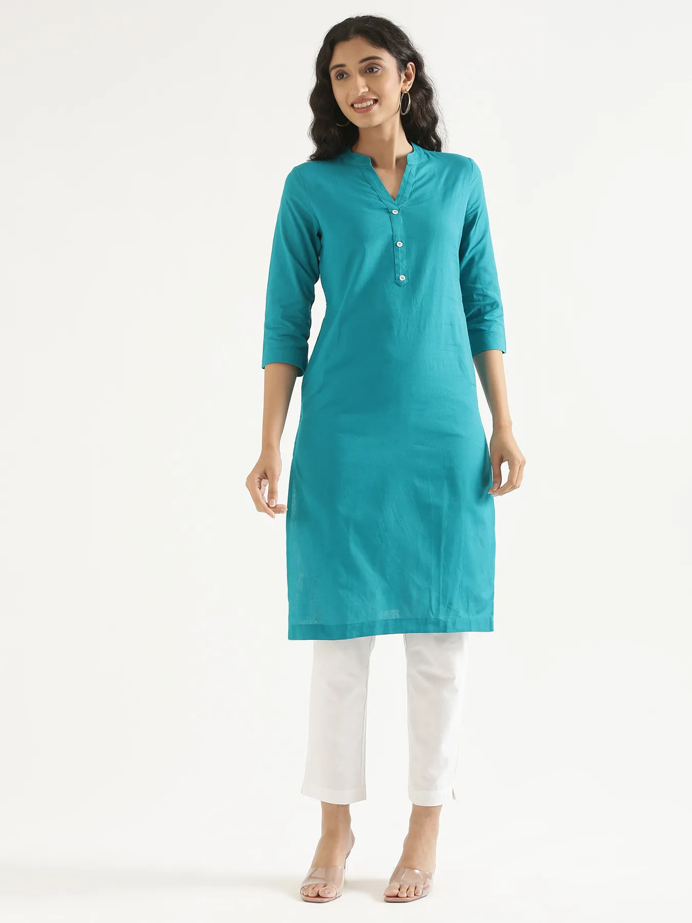 Women Teal Airy Linen Long Kurta & White Cotton Pant Set - Image 8