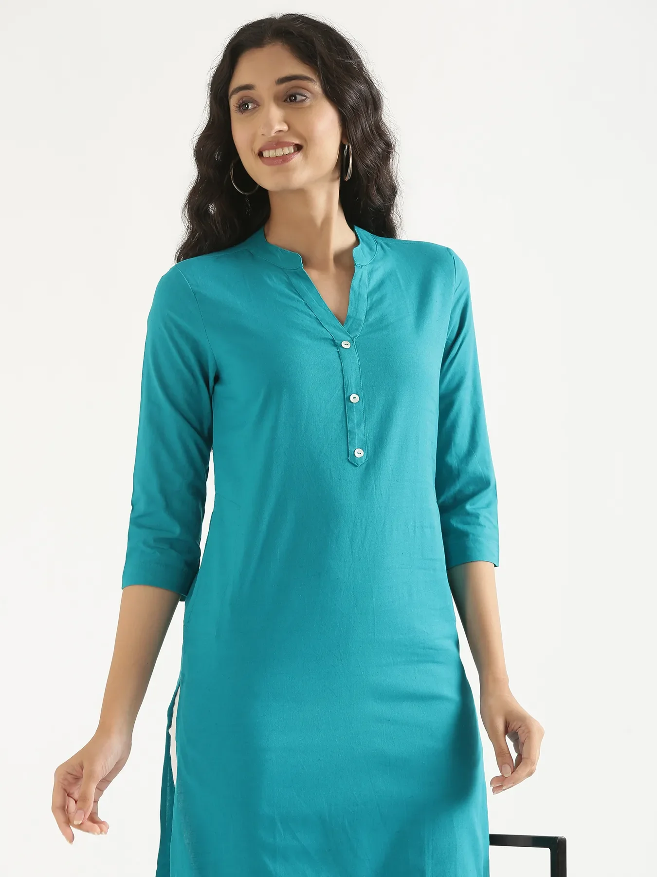 Women Teal Airy Linen Long Kurta & White Cotton Pant Set - Image 9