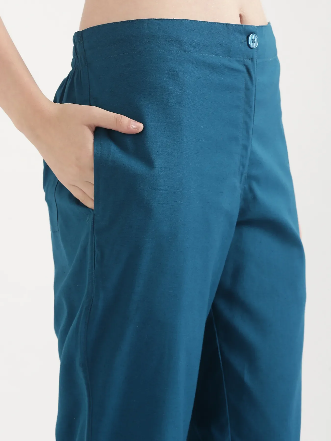 Women Turquoise Airy Linen Straight Pants - Image 9