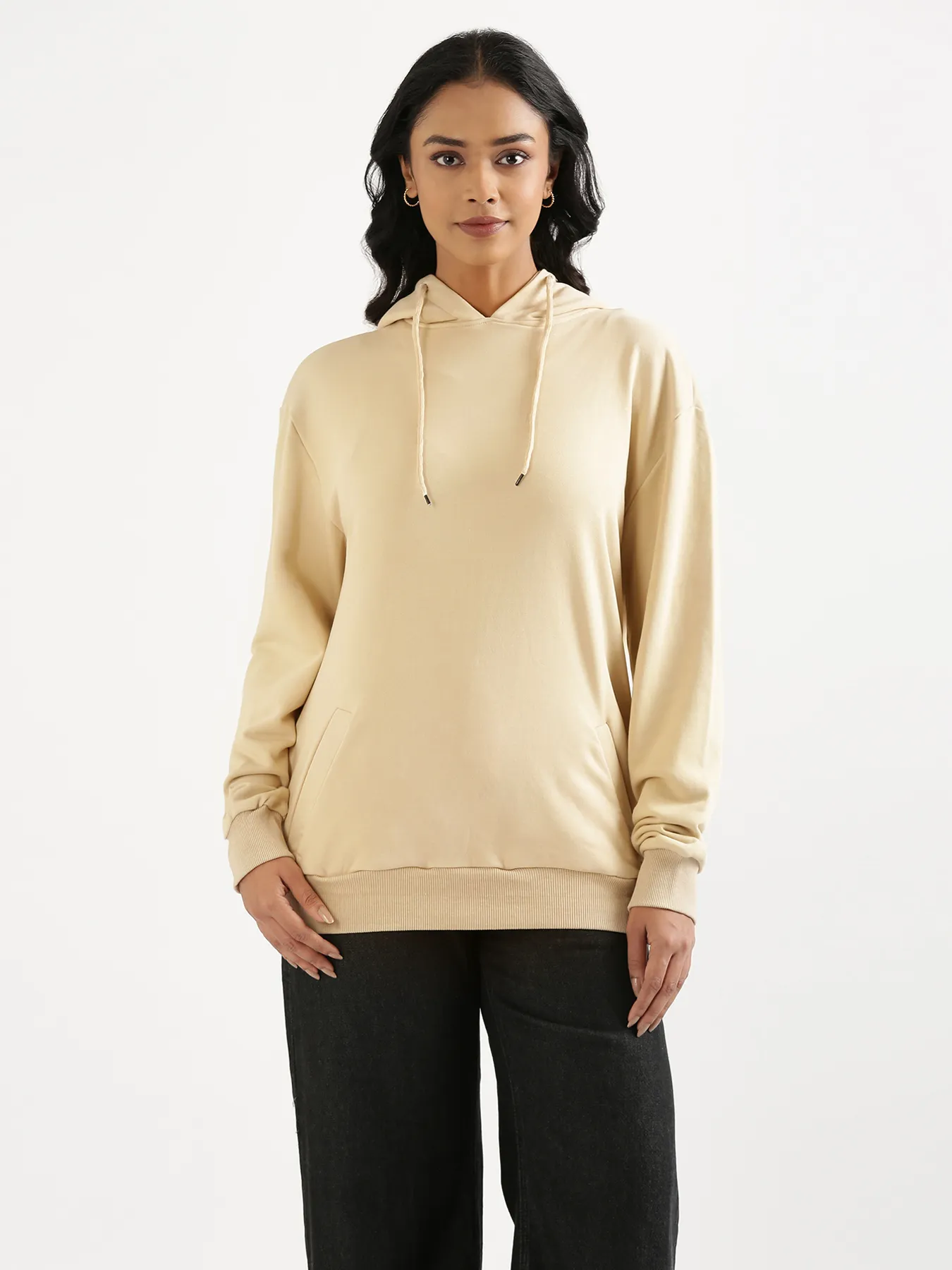 Unisex Beige Pullover Fleece Hoodie - Image 2