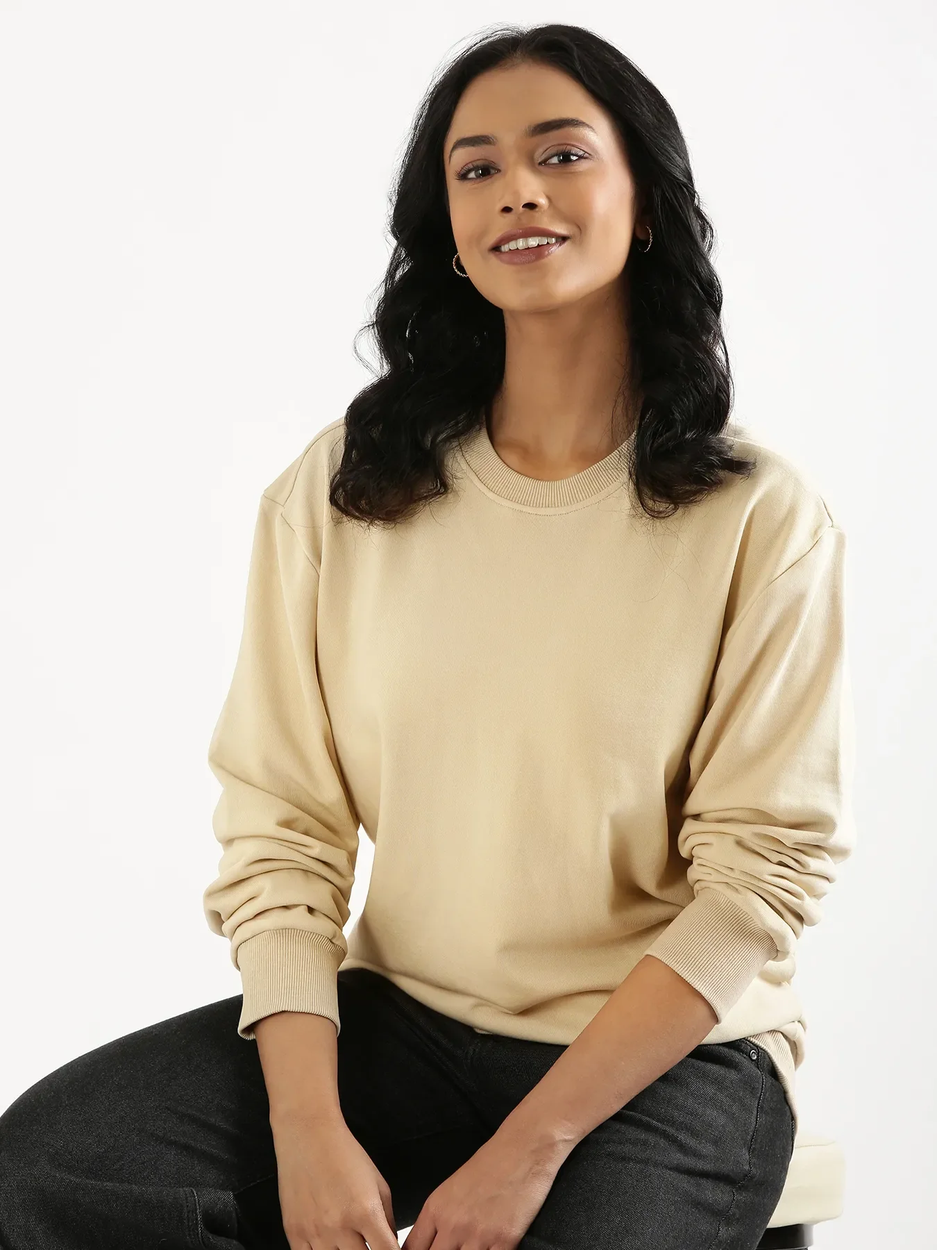 Unisex Beige Round Neck Sweatshirt - Image 4