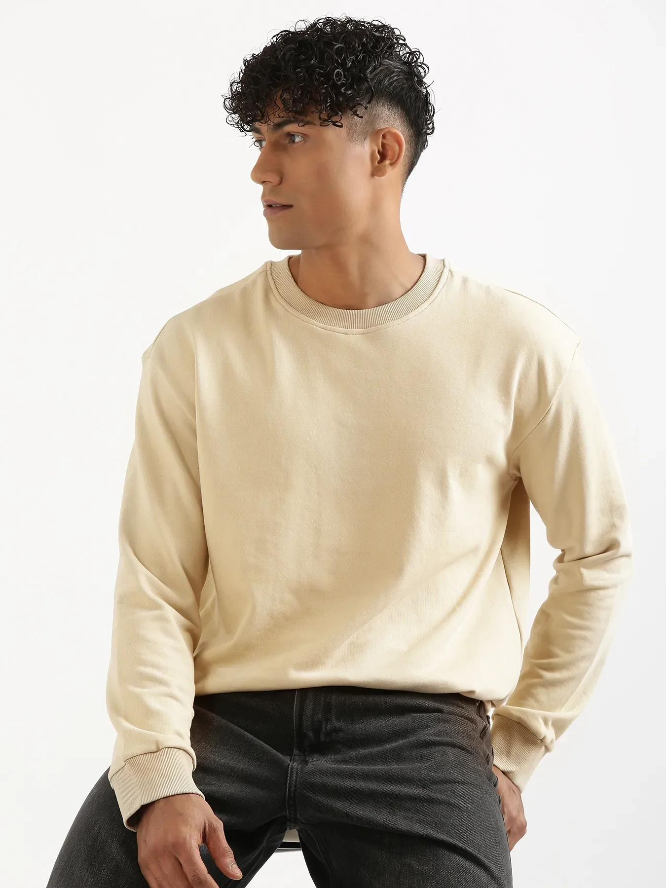 Unisex Beige Round Neck Sweatshirt - Image 5