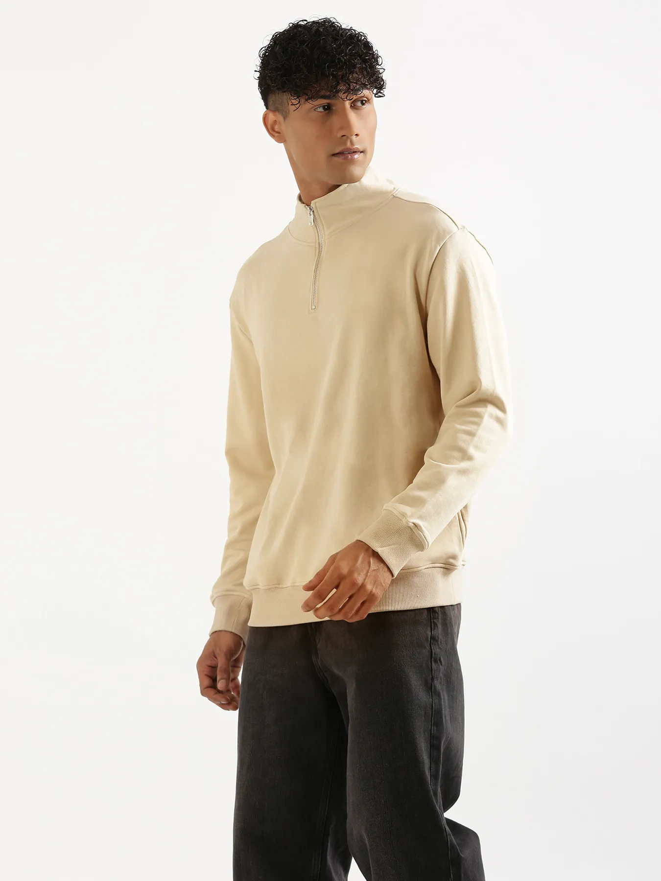 Unisex Beige Zip Neck Sweatshirt - Image 12