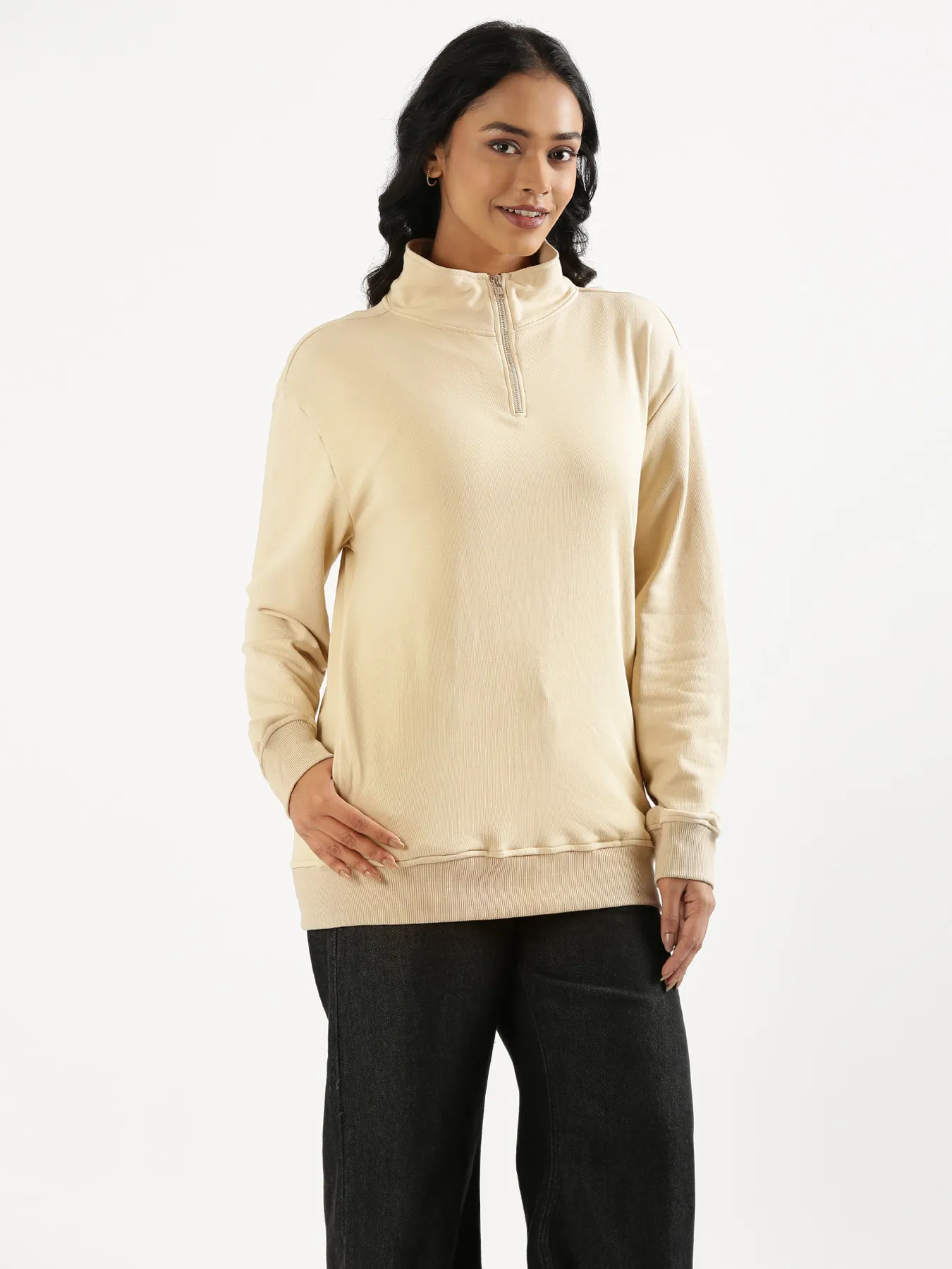 Unisex Beige Zip Neck Sweatshirt - Image 13