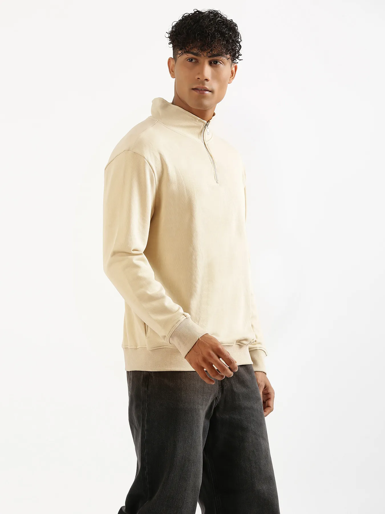 Unisex Beige Zip Neck Sweatshirt - Image 14
