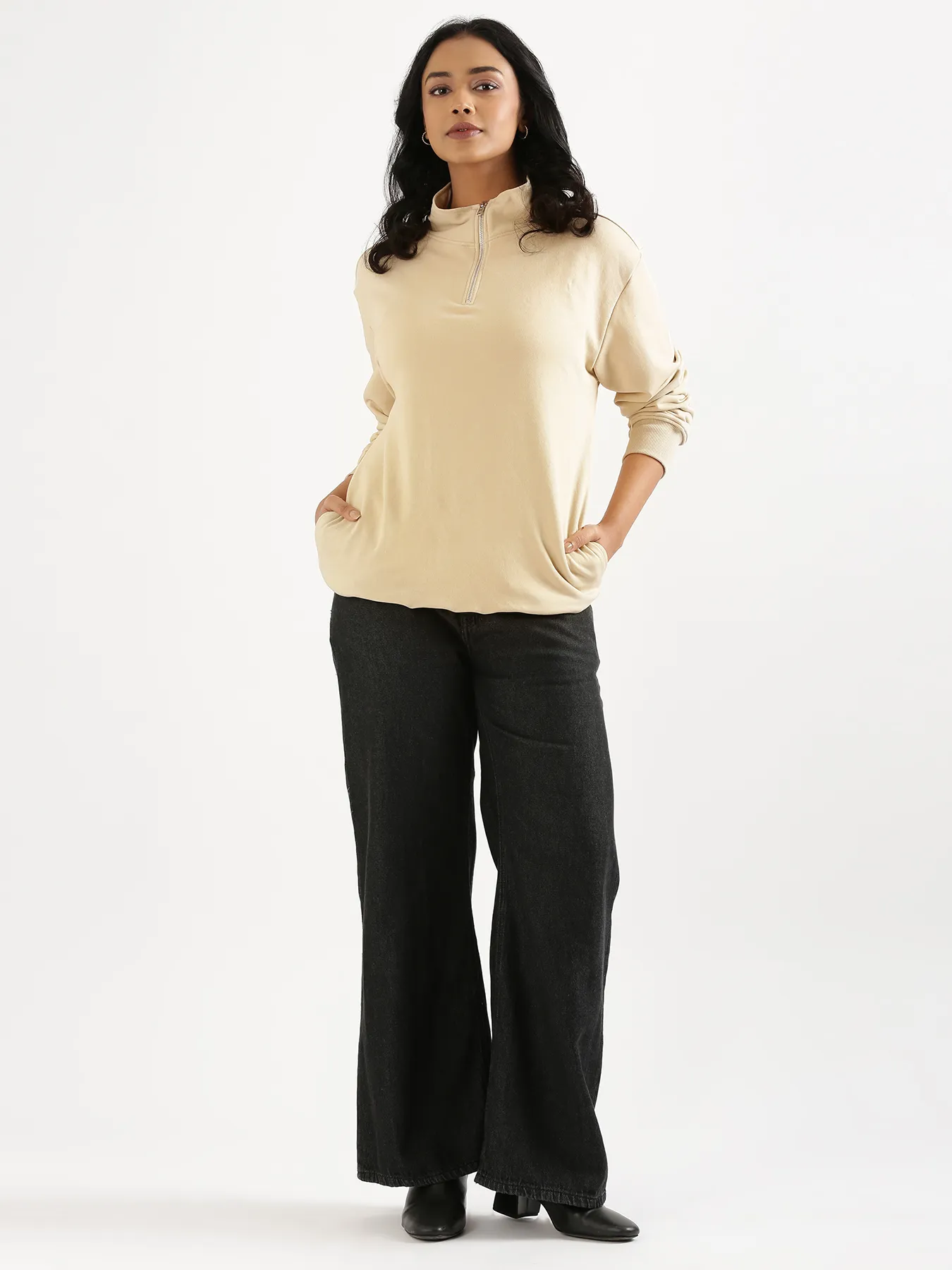 Unisex Beige Zip Neck Sweatshirt - Image 17