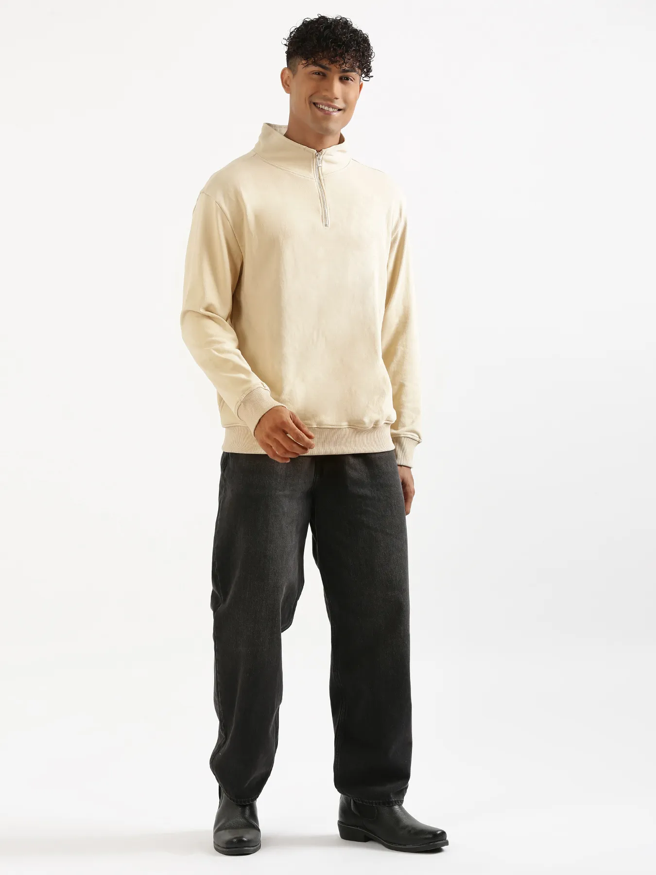 Unisex Beige Zip Neck Sweatshirt - Image 18