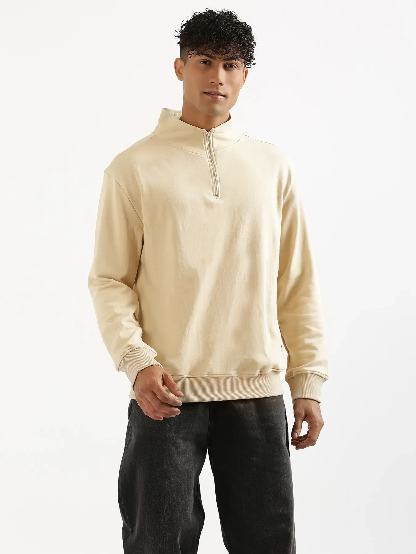 Unisex Beige Zip Neck Sweatshirt - Image 6