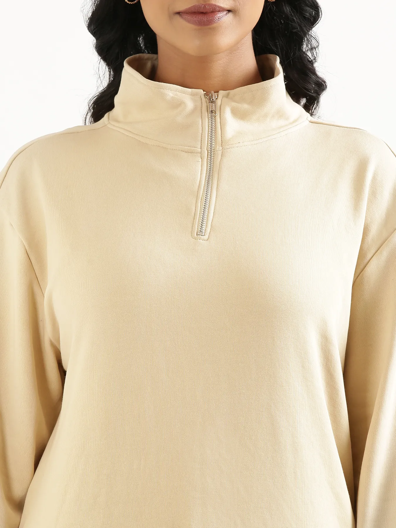 Unisex Beige Zip Neck Sweatshirt - Image 8