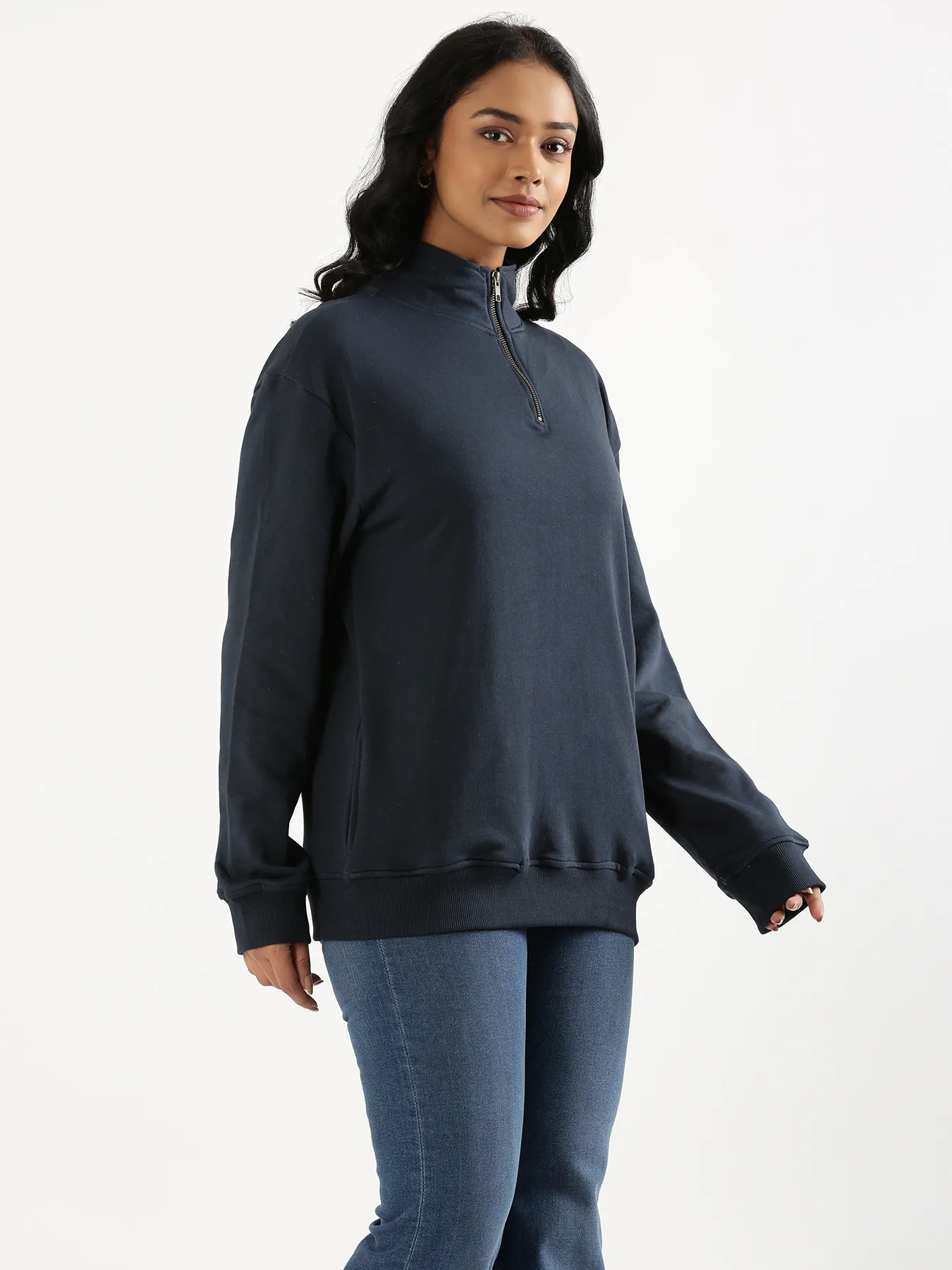 Unisex Navy Blue Zip Neck Sweatshirt - Image 14