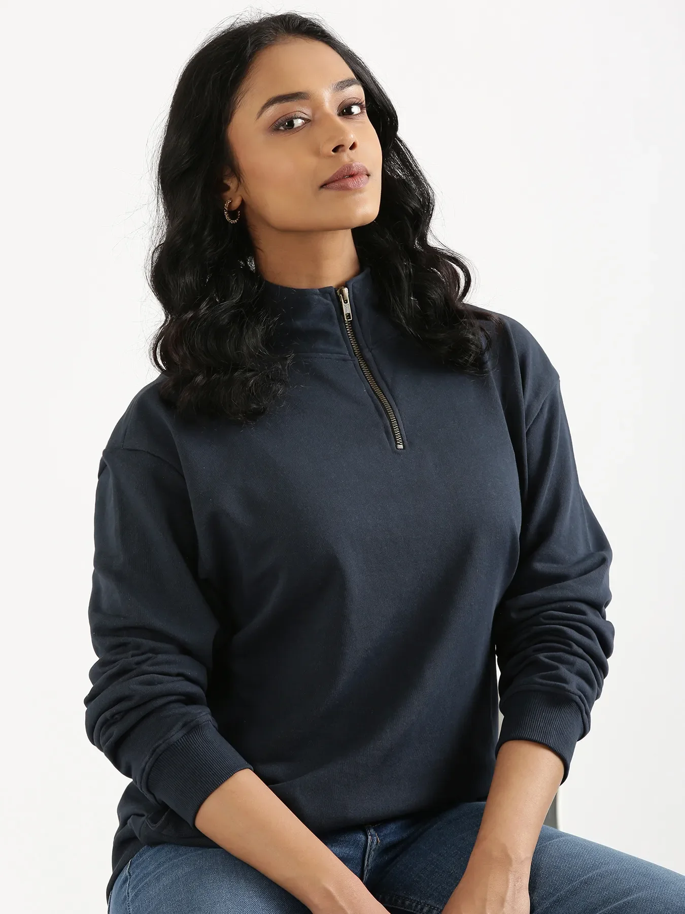 Unisex Navy Blue Zip Neck Sweatshirt - Image 5