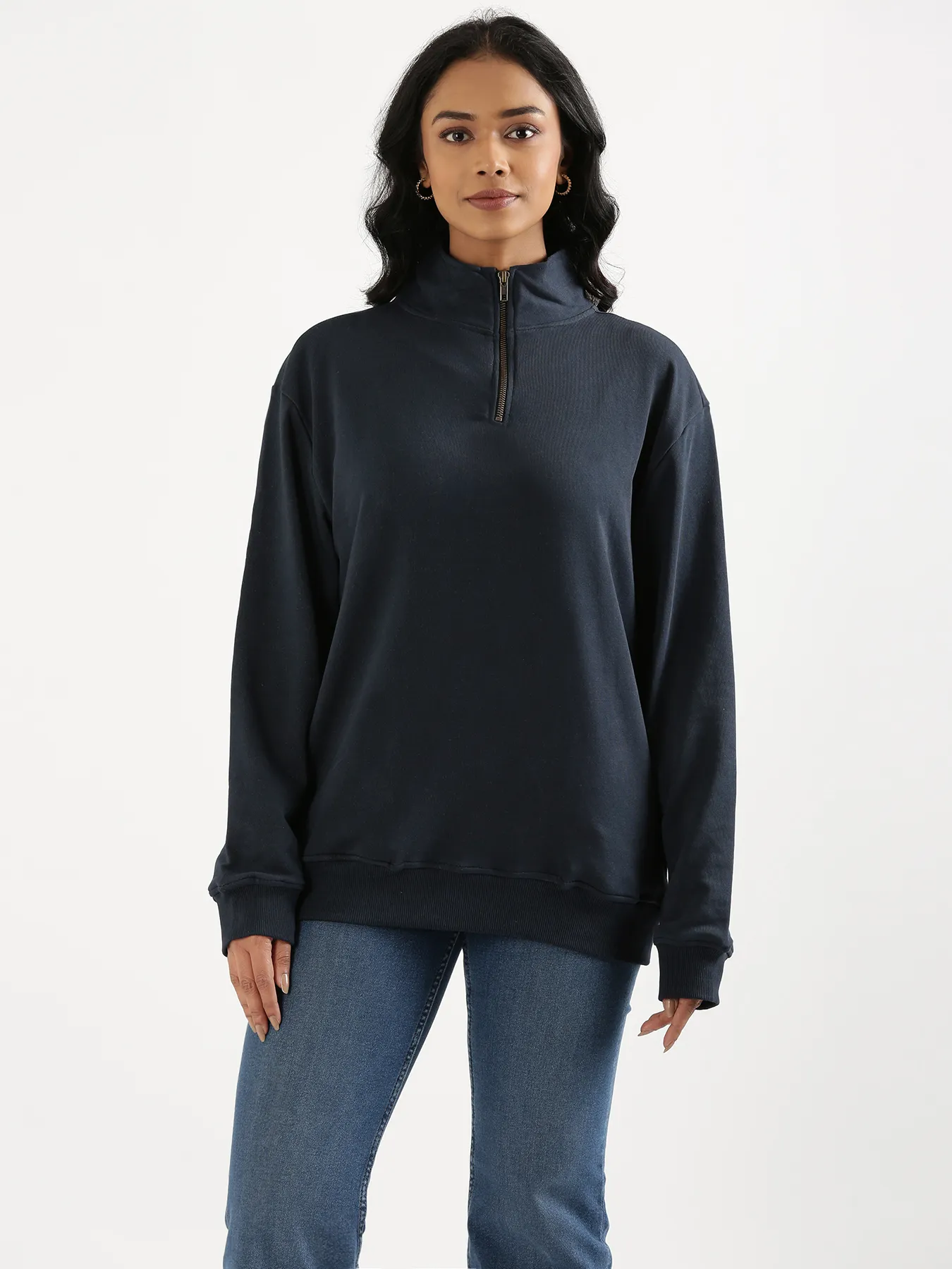 Unisex Navy Blue Zip Neck Sweatshirt - Image 6