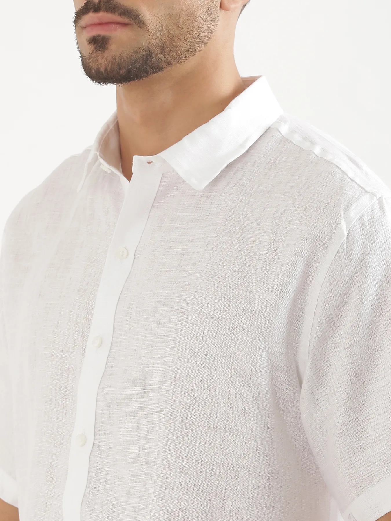 Men White 100% Linen Half Sleeve Shirt - Image 4