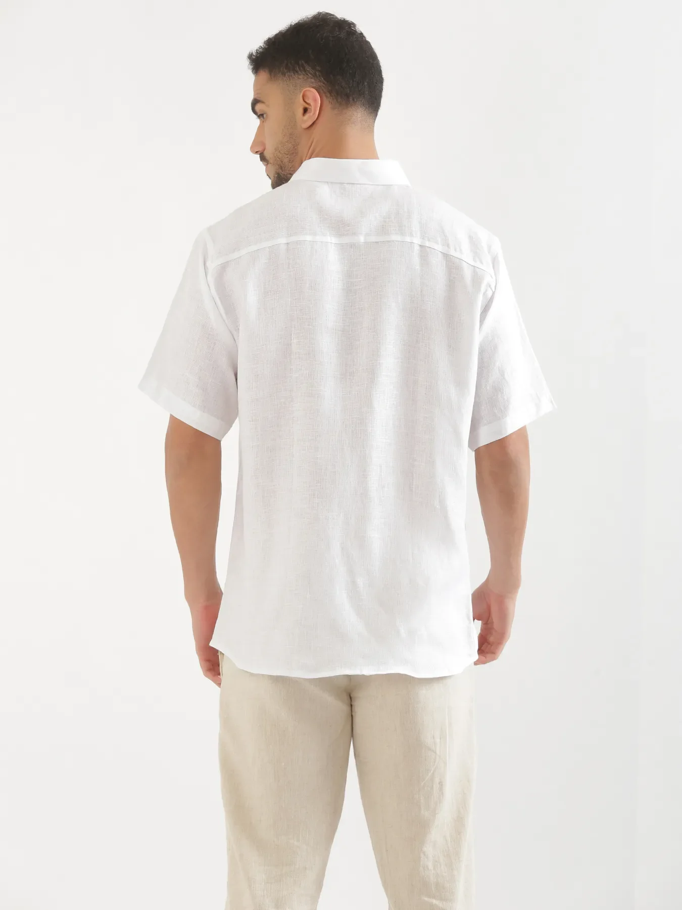 Men White 100% Linen Half Sleeve Shirt - Image 6