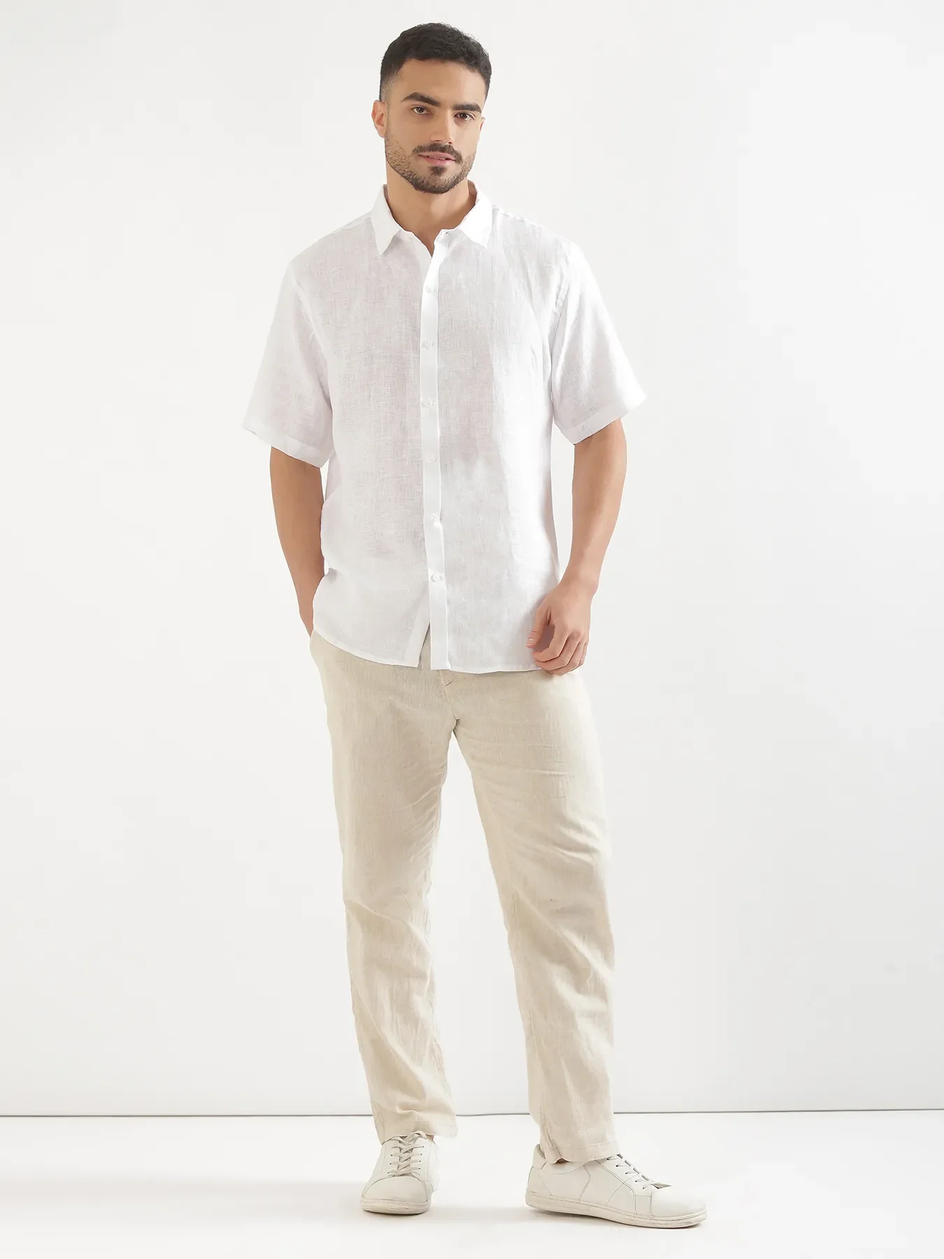 Men White 100% Linen Half Sleeve Shirt - Image 7