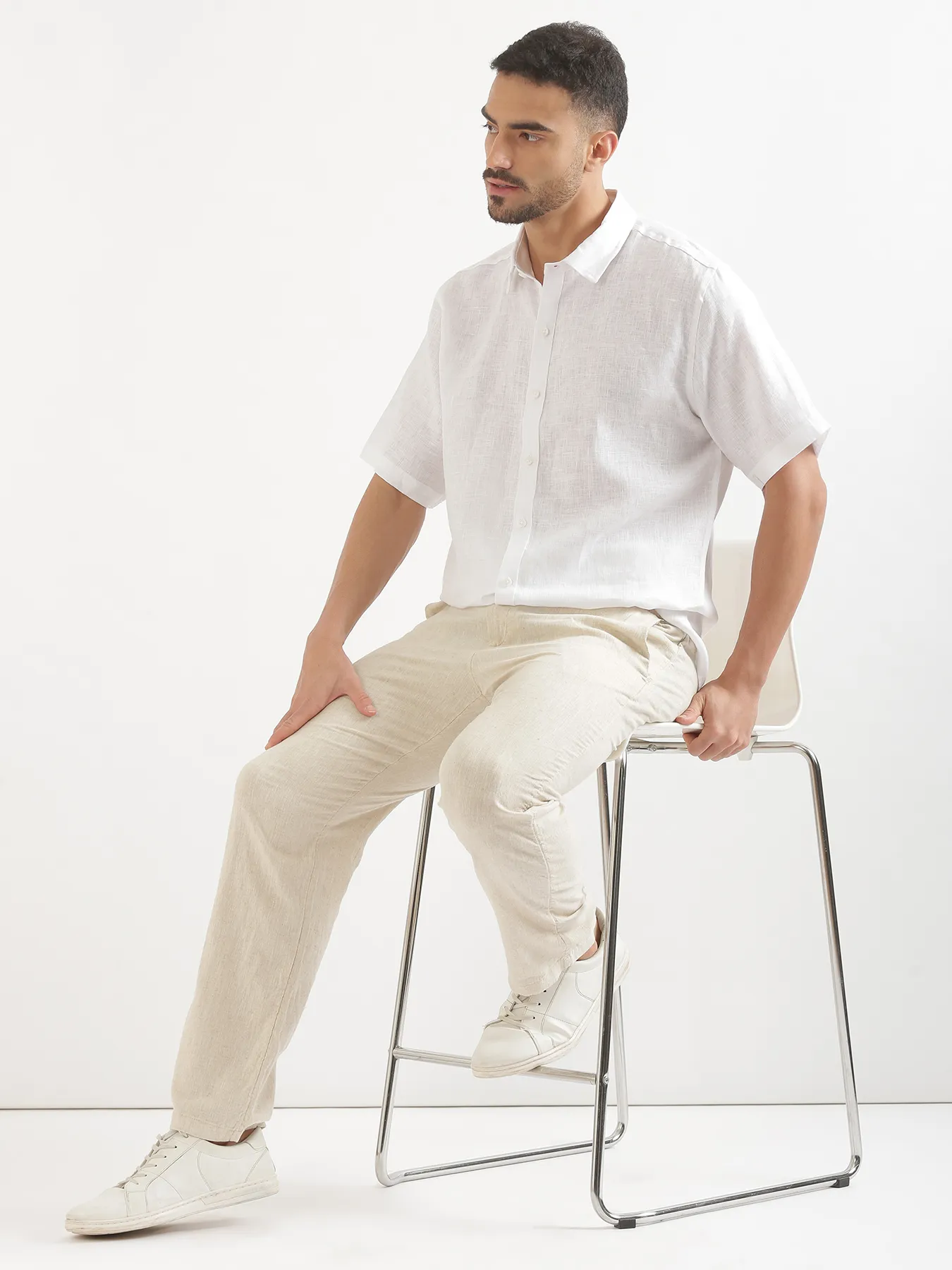 Men White 100% Linen Half Sleeve Shirt - Image 8