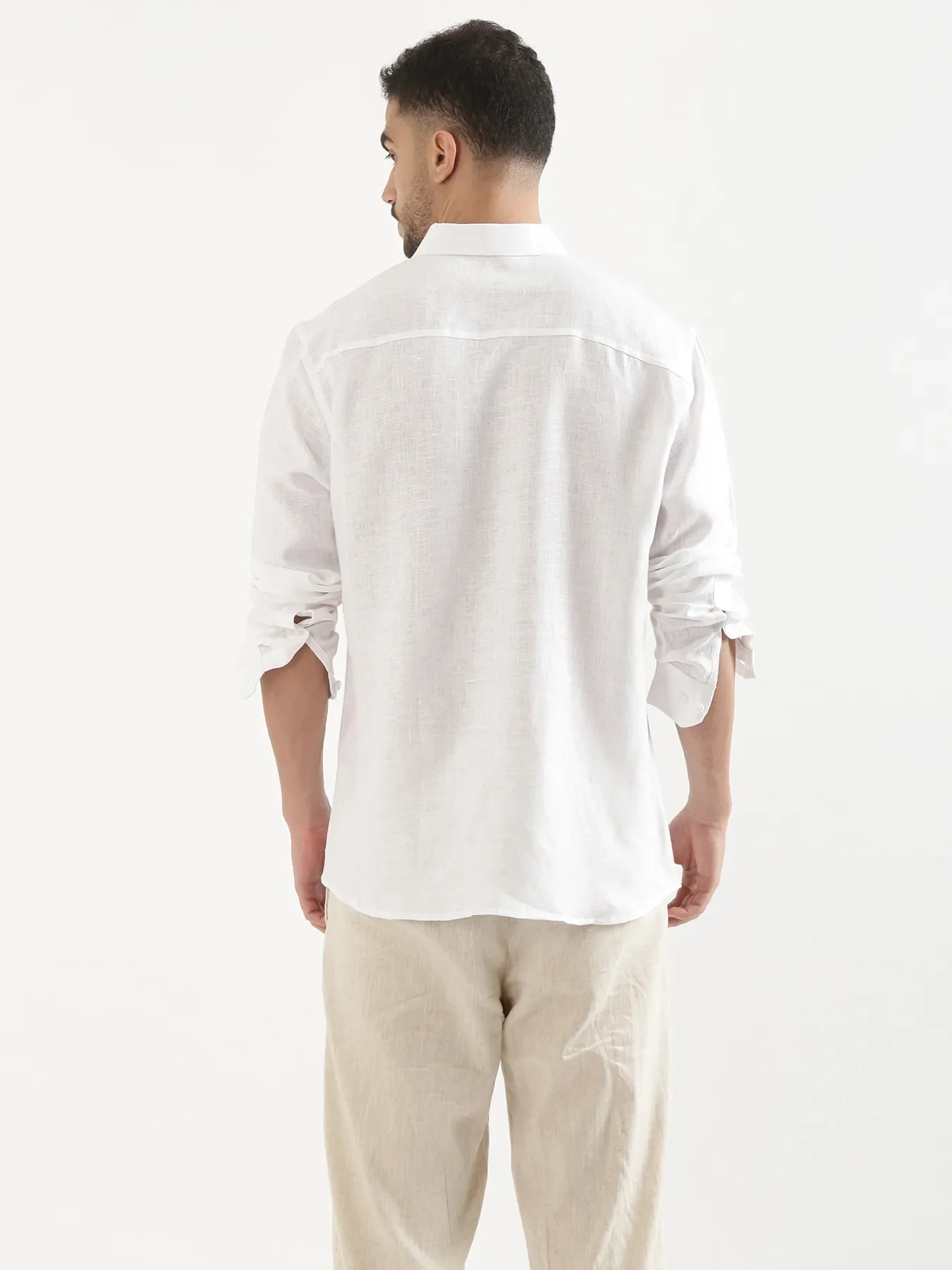 Men White 100% Full Sleeve Linen Shirt - Image 3