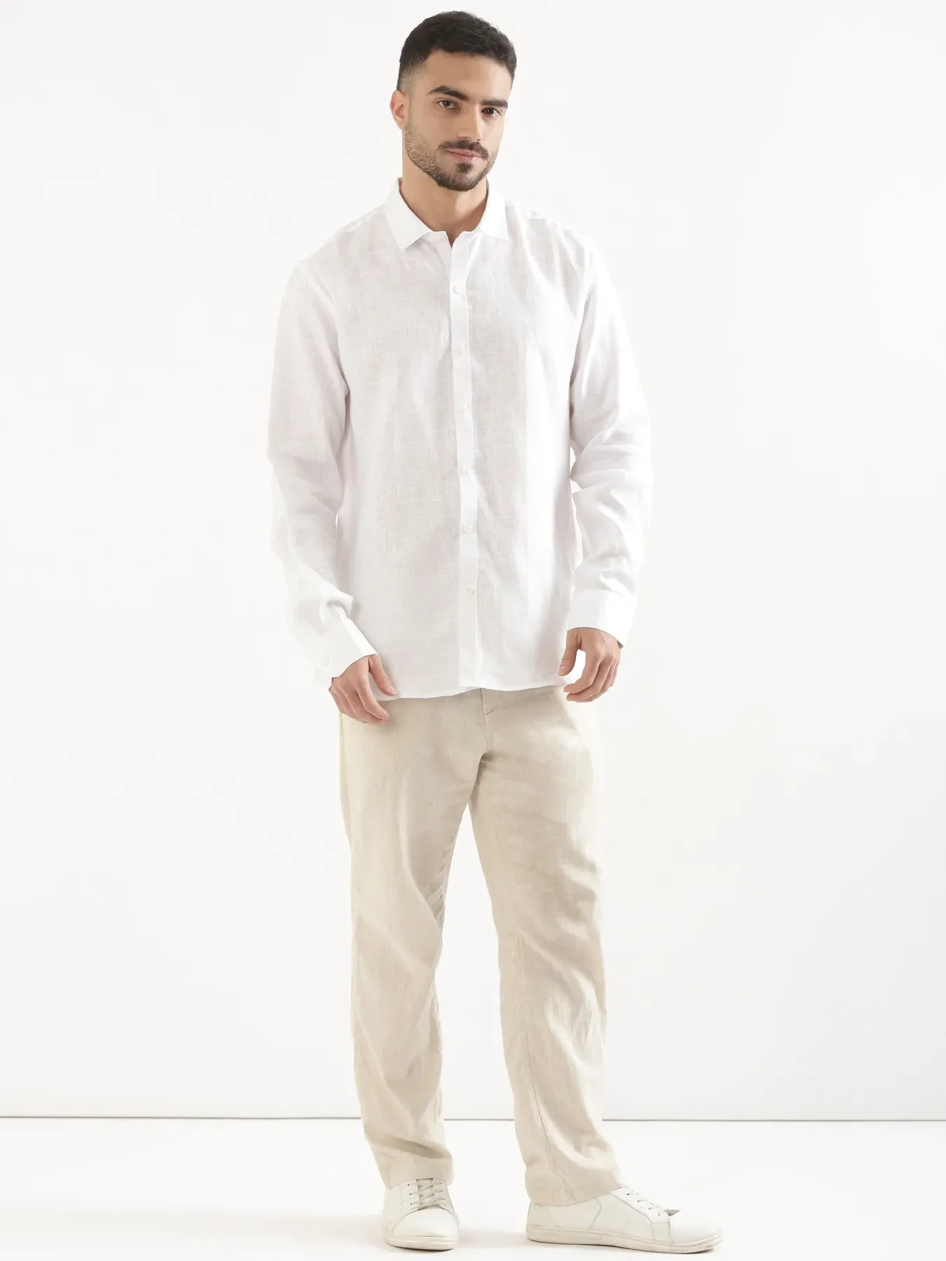 Men White 100% Full Sleeve Linen Shirt - Image 4