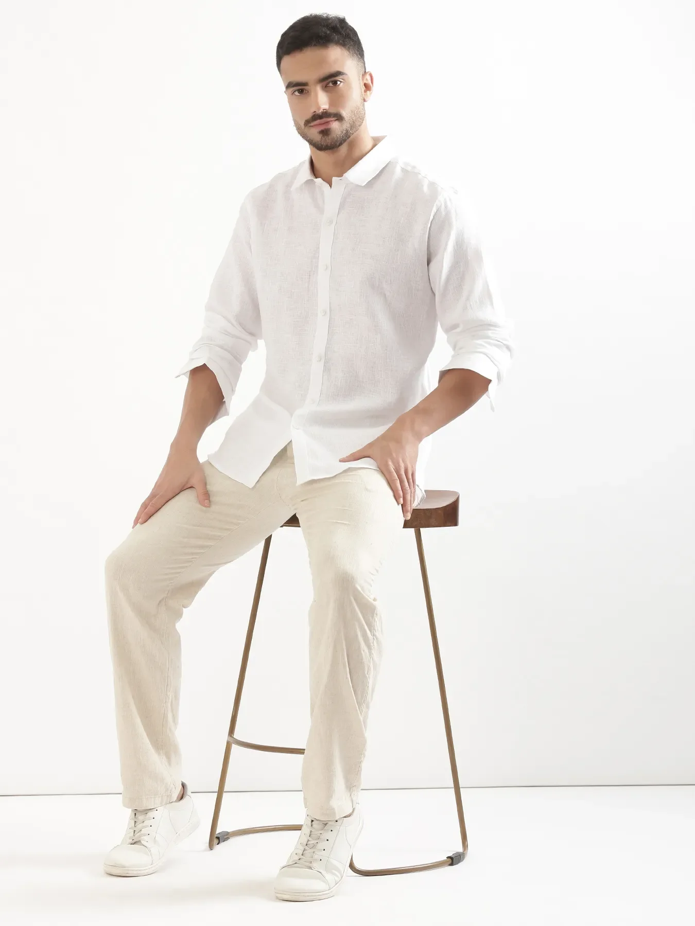 Men White 100% Full Sleeve Linen Shirt - Image 5