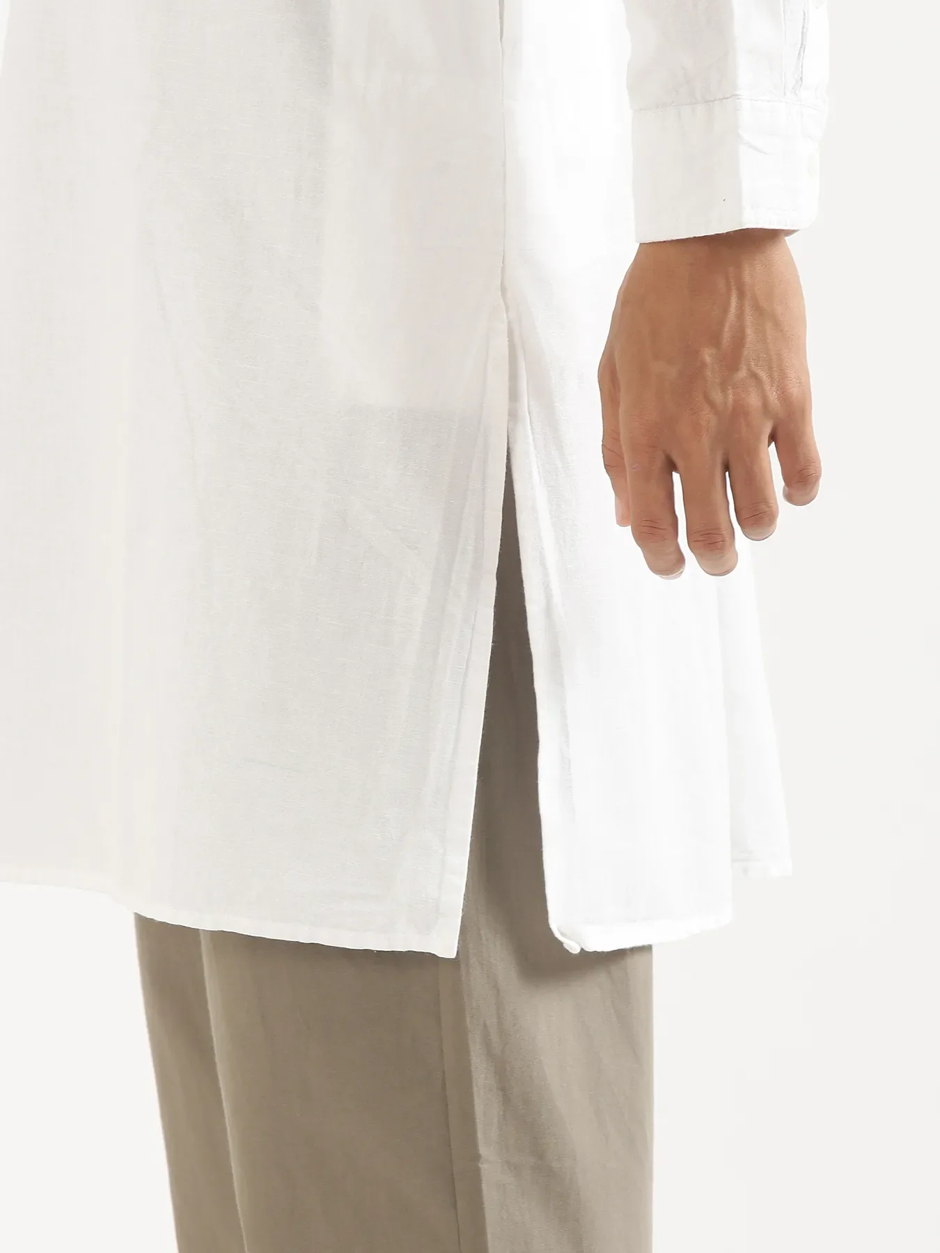 Men White Airy Linen Long Kurta - Image 11