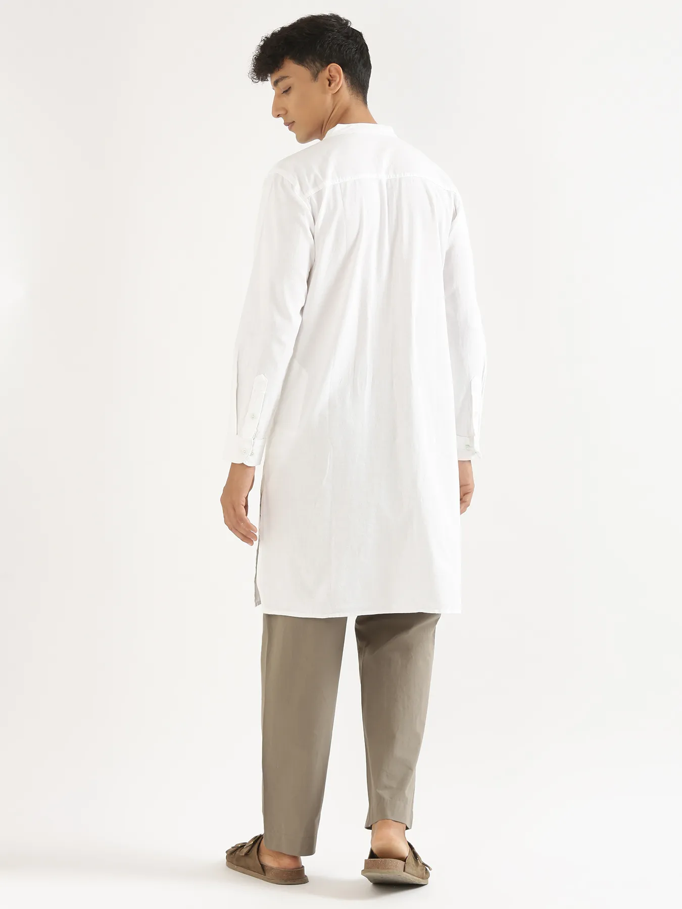 Men White Airy Linen Long Kurta - Image 7