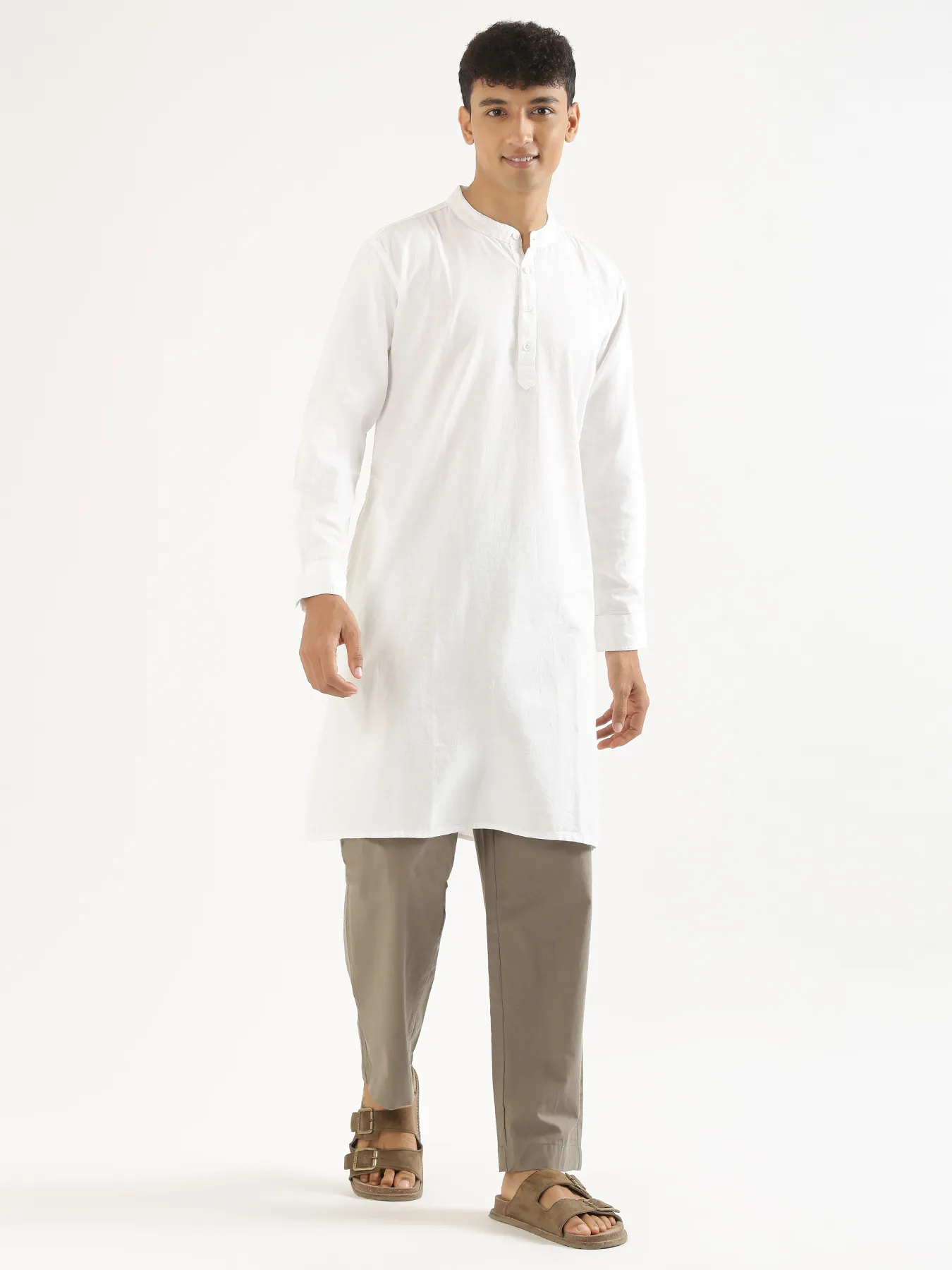 Men White Airy Linen Long Kurta - Image 8